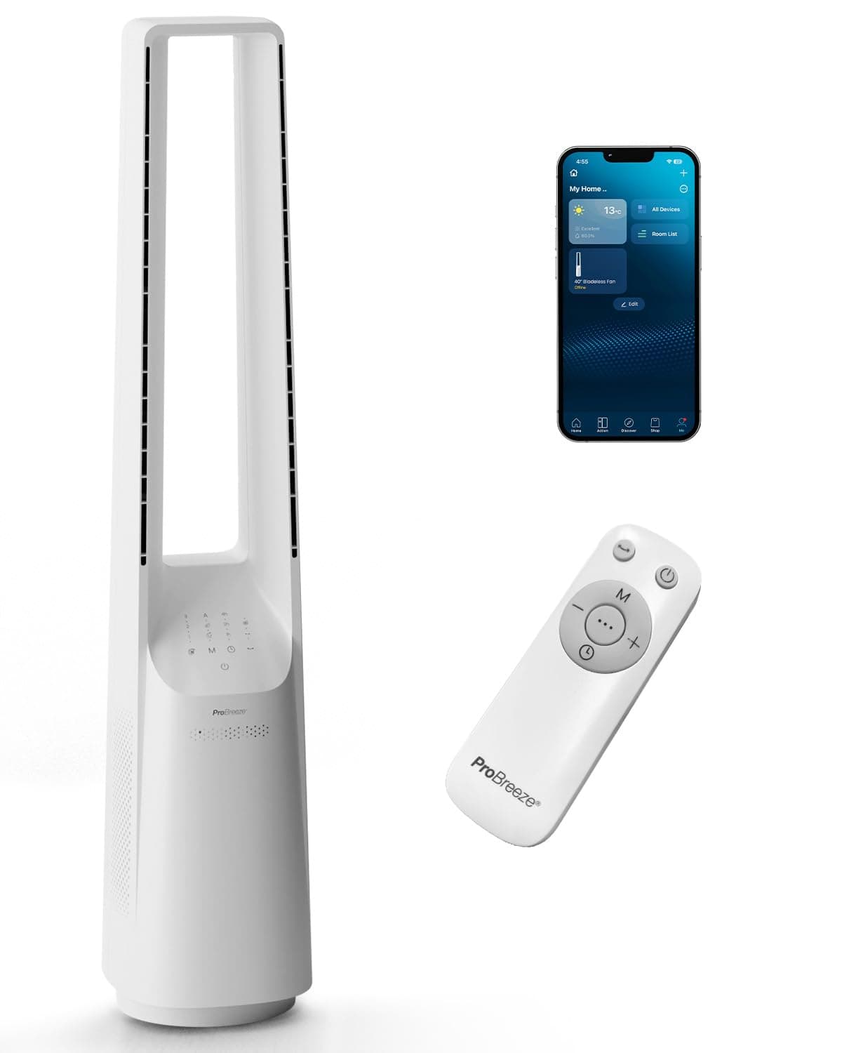 Pro Breeze Ventilador de Torre Inteligente sin Aspas de 101 cm – WiFi – Ultrasilencioso con Mando a Distancia, Pantalla LED, 6 Velocidades, 5 Modos y Oscilación de 60°