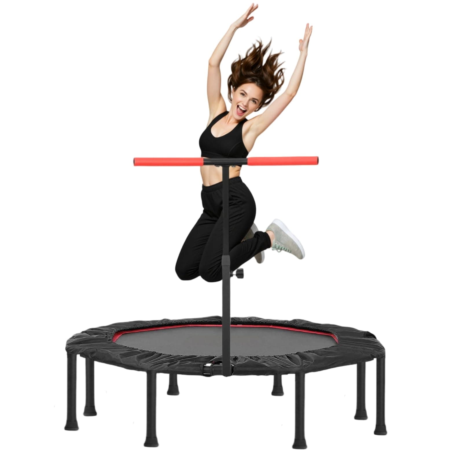 LIFERUN Mini trampolino elastico da interno per adulti Ø128 cm,Piccolo trampolino elastico da fitness,Jump Rebounder per allenamento,Capacità di carico 150 kg,Maniglie regolabili,Casa,Rosso