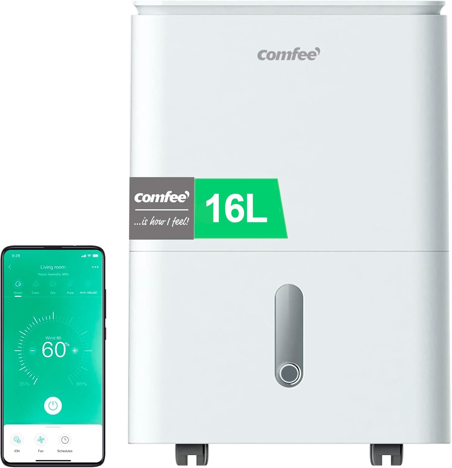 COMFEE' Deshumidificador de Humedad 16L Silencioso | WiFi/App, Modo Secado de Ropa y Auto Antihumedad, Purificador Eléctrico Antibacterias, moho y Condensación | Ideal en habitaciones hasta 45m2/120m3