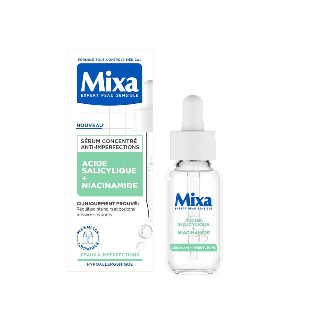 Mixa Sérum Concentré Anti-Imperfections, Sérum Visage avec Niacinamide et Acide Salicylique - Réduit Boutons, Points Noirs, Pores Resserrés, Convient aux Peaux Sensibles et à Imperfections, 30ml
