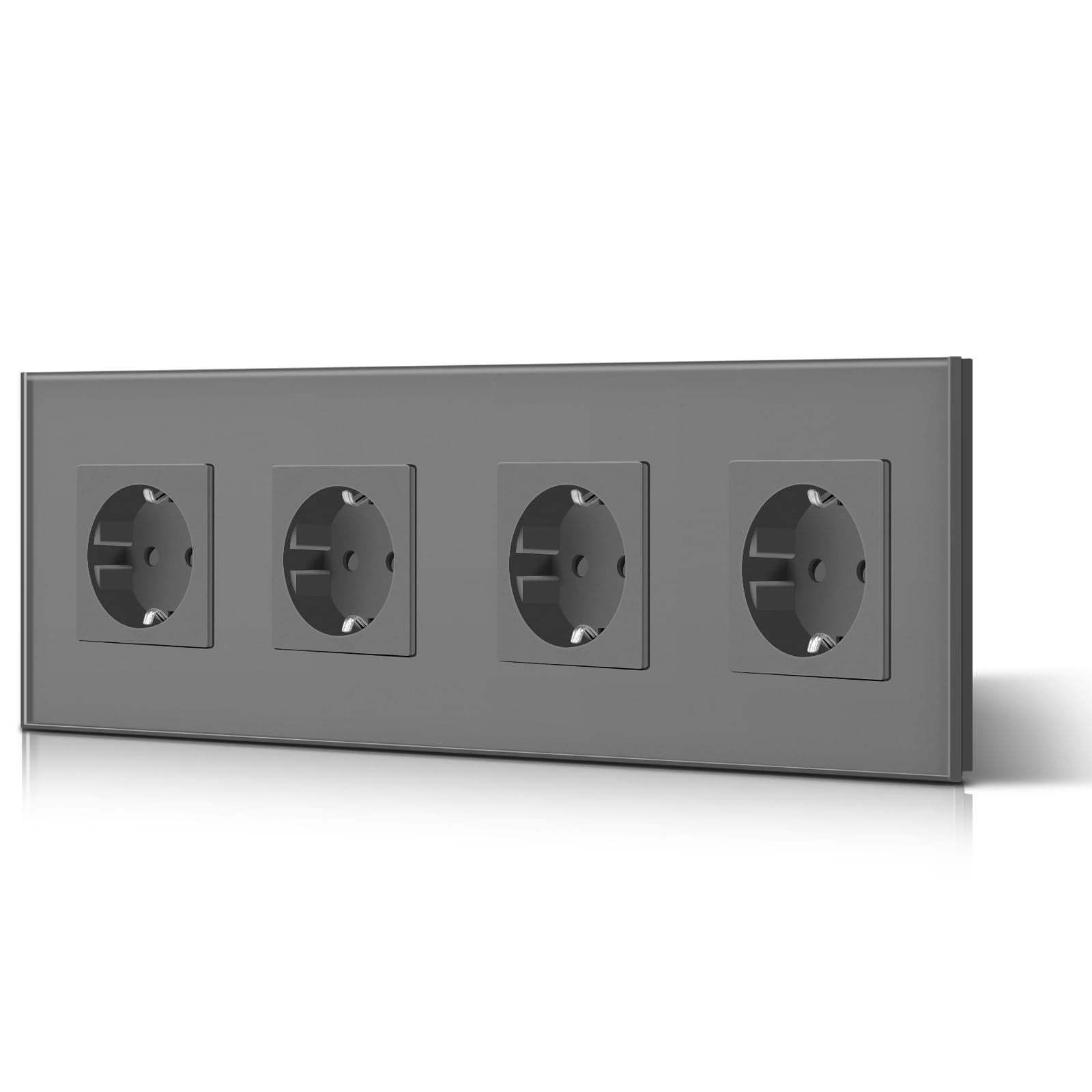 BSEED Enchufe de Pared con Cristal,Enchufes Empotrable Estándar,Toma de Corriente,Seguridad infantil,Fácil de Instalar,M Serie,4 Enchufes,299mm Gris