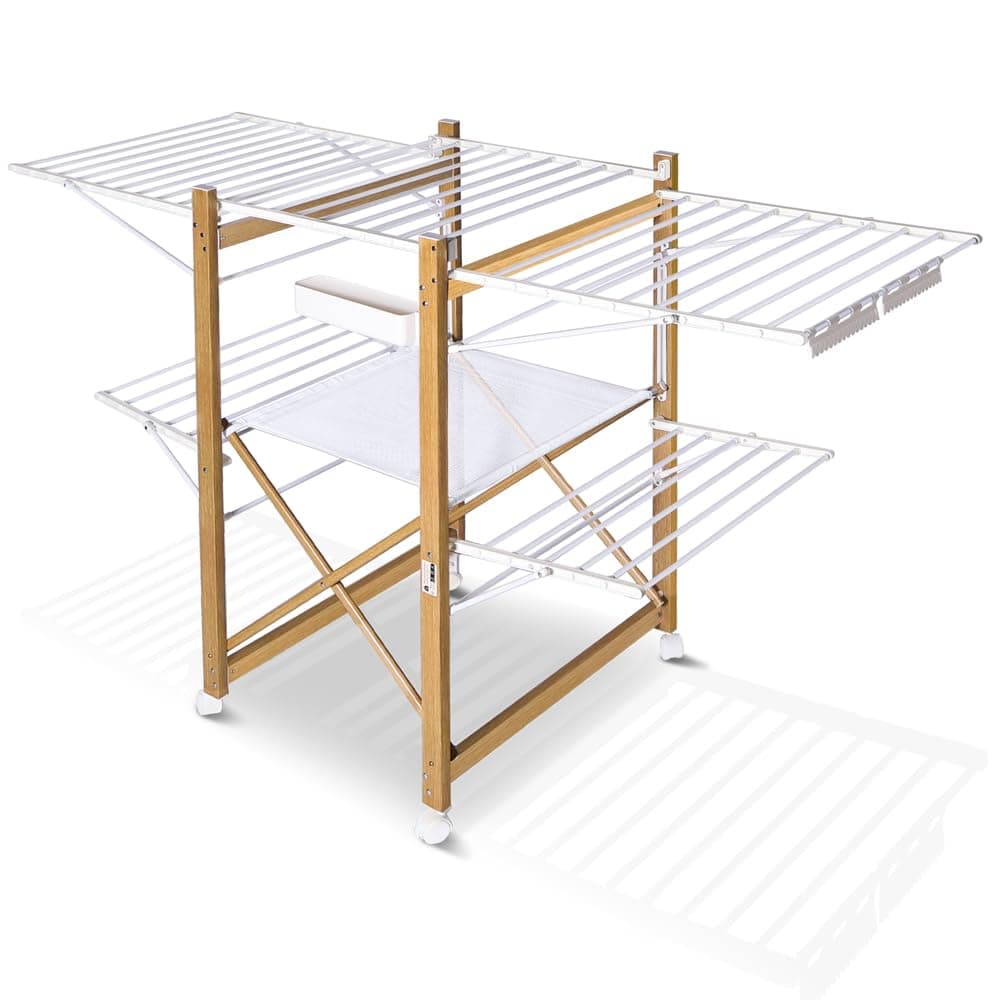 vounot® Séchoir à Linge Deluxe Grande Capacité avec roulettes et Maille Etendoir Extensible Pliable Multifonction Imitation Bois 30m de Séchage pour Usage Intérieur 180x105x61cm Blanc