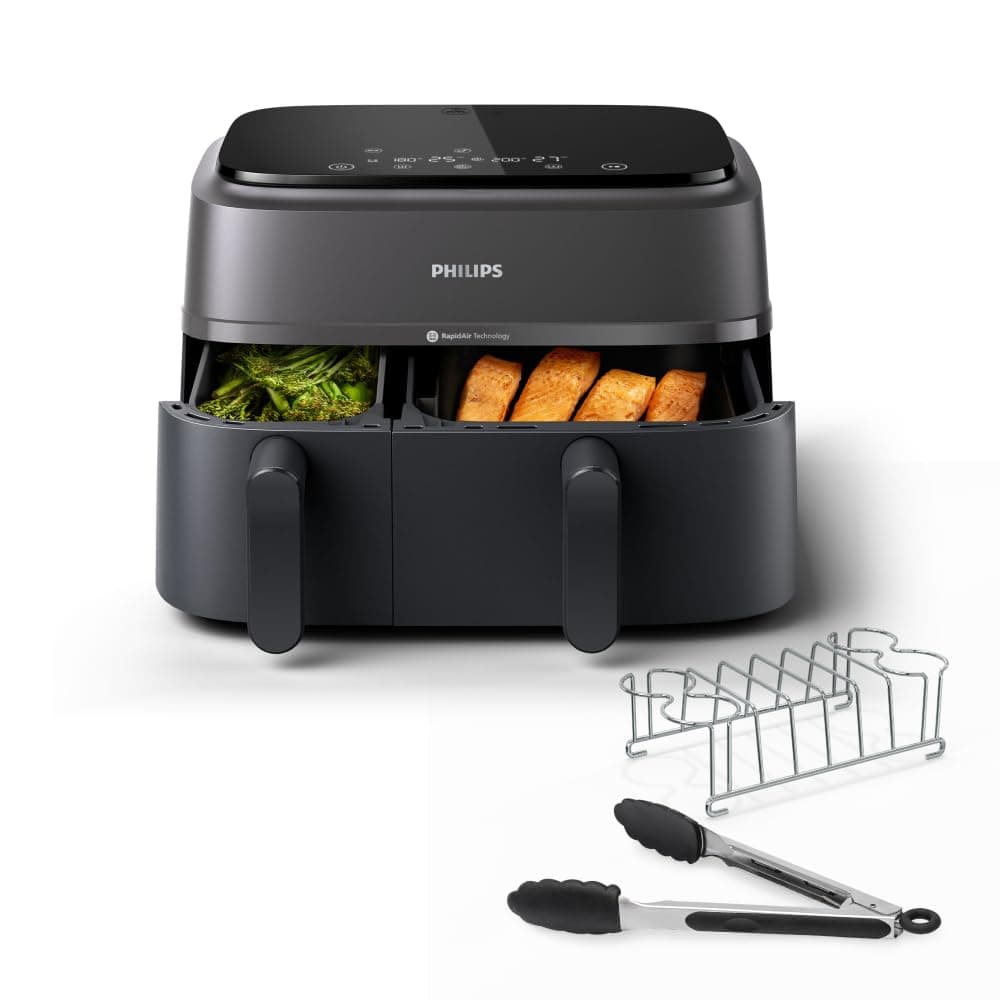 Philips Airfryer 3000 Series Dual Basket, Heißluftfritteuse mit 2 Körben und Frühstücks-Set, 9L, RapidAir Plus Technologie, 90% weniger Fett, Energieeffizient, HomeID App (NA350/03)
