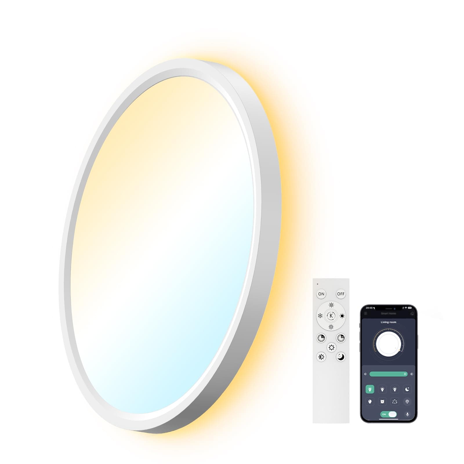 AIKVSXER Lámpara LED de Techo 24W Ø30 cm, Plafón Ultrafino Regulable con Control Inteligente, Temperatura de Color Ajustable 3000K–6500K, Mando a Distancia y App Móvil, con Luz Nocturna Integrada 5W