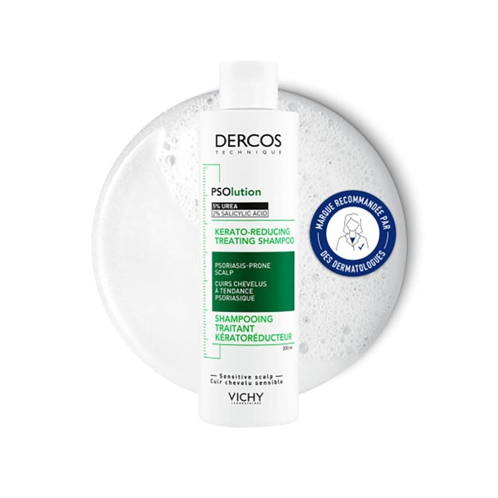 VICHY DERCOS PSOlution Shampooing Traitant Kératoréducteur, Cuir Chevelu à Tendance Psoriasique, Urée 5 % + Acide Salicylique 2 %, Anti-Squames, Anti-Démangeaisons, 200 ml
