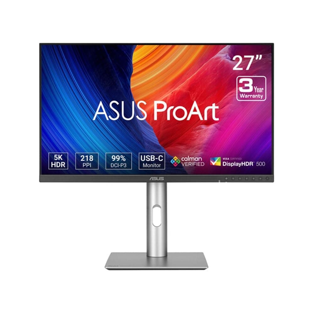 ASUS ProArt PA27JCV Display 27", 5K Ultra HD IPS (5120x2880), HDMI, DisplayPort, Hub USB, Accuratezza del Colore ΔE < 2, 100% sRGB, Nero e Argento