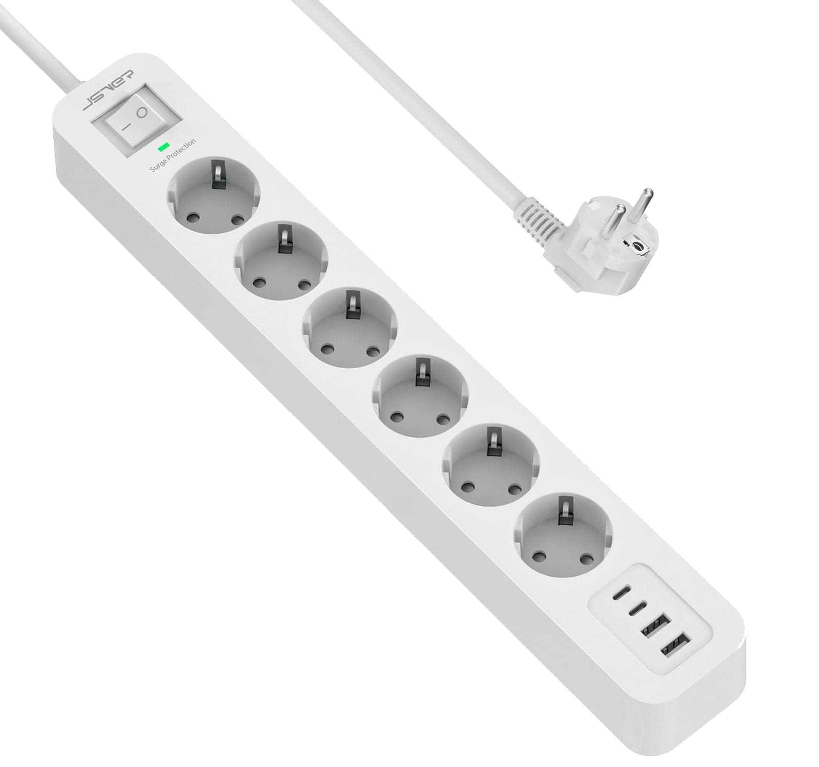 JSVER Multiprise USB C,6 Prises avec 4 Ports USB Chargeur de Voyage, Parasurtenseur Multiprise Electrique(3680W 16A) Parafoudre et Surtension avec Interrupteur Cable 2m pour Smartphone Tablette- Blanc