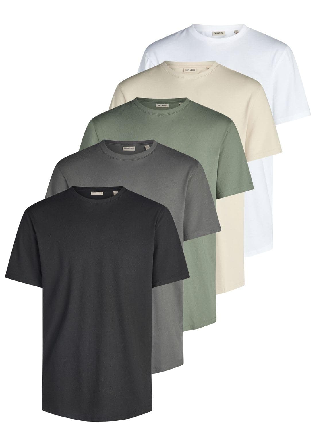 Only & Sons Tshirt Herren Regular Fit ONSJEFF LONGY 5er Set Pack lang geschnitten Rundhals Kurzarm Sommer Tee Shirt Basic Schwarz Weiß Blau Beige Grau Grün S M L XL XXL 3XL