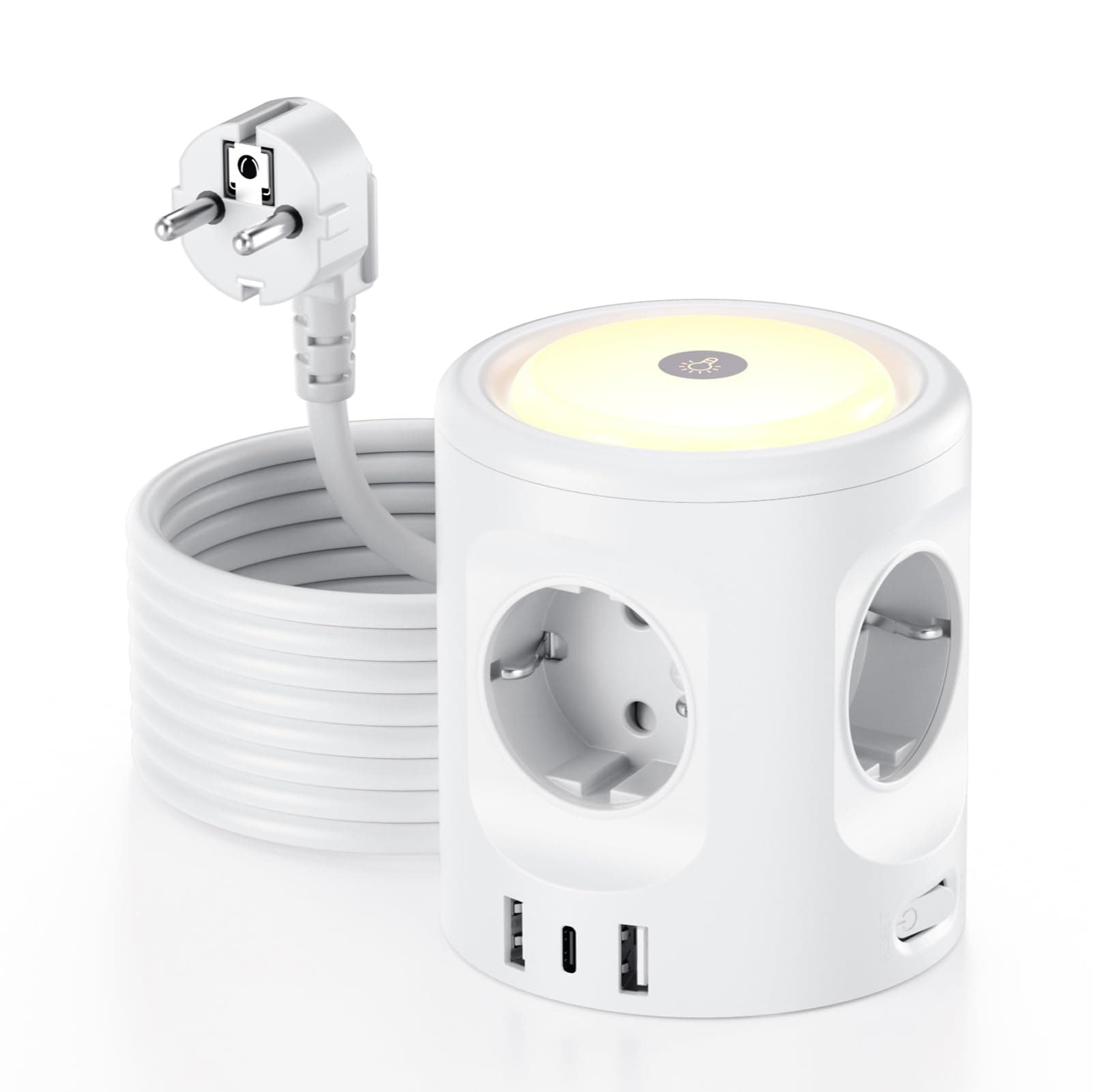 3M Ciabatta Multipresa con Luce, Ciabatta a 4 Scomparti con 3 USB, Multipresa Elettrica con Interruttore, Presa Multipla a Cubo 3 Modalità di Illuminazione 16A, per Casa, Ufficio F(Schuko)
