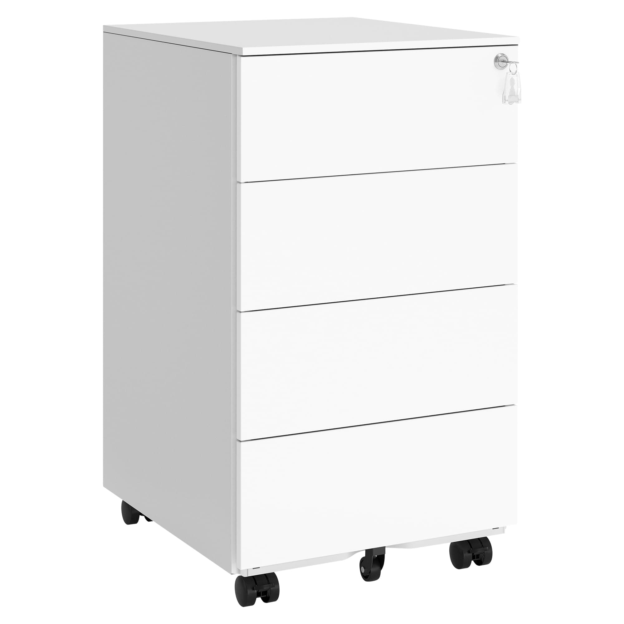 SONGMICS Schubladenschrank, Rollcontainer, mobiler Aktenschrank, Metallschrank, Druckertisch, abschließbar, 4 Schubladen, vormontiert, Büro, Homeoffice, 45 x 39 x 69 cm, wolkenweiß OFC064W14