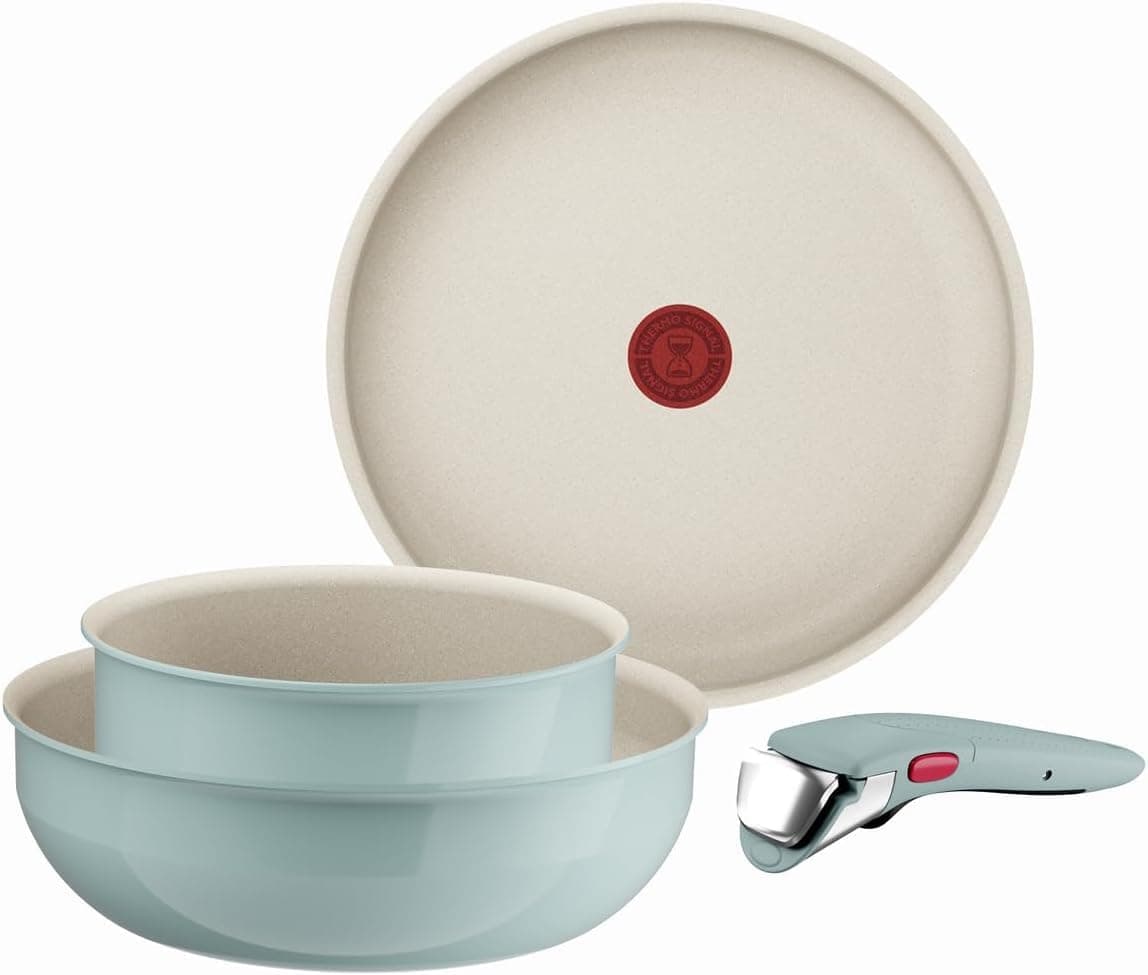 Tefal Ingenio Serenity - Juego de Sartén 28 cm + Wok 26 cm + Cazo 20 cm + Mango extraíble, Revestimiento Antiadherente, Apilable, Inducción, Apto lavavajillas y horno, Eucalipto
