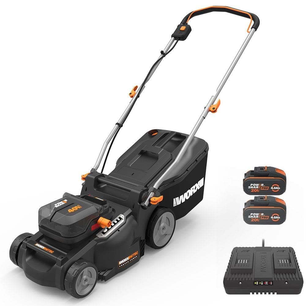 WORX Tondeuse à Gazon sans Fil 40V WG737E, Surface Max de 600 m², Lame de 37cm, Sac de 40L, Coupe jusqu'aux Bordures, 6 Hauteurs de Coupe, Livrée avec 2 Batteries 4Ah et Chargeur Double Rapide