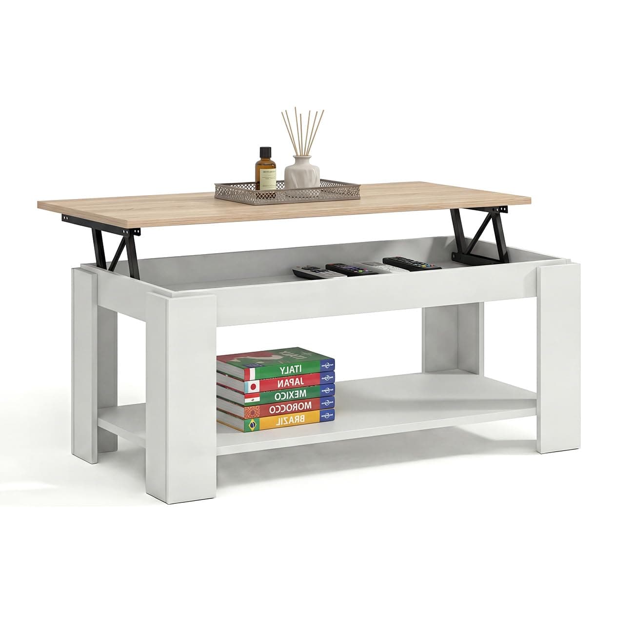 duehome | Mesa de Centro Elevable, Mesa Auxiliar, Modelo LYA, Acabado en Color Blanco Artik y Roble Canadian, Medidas: 102 cm (Largo) x 50 cm (Ancho) x 43-54 cm (Alto)