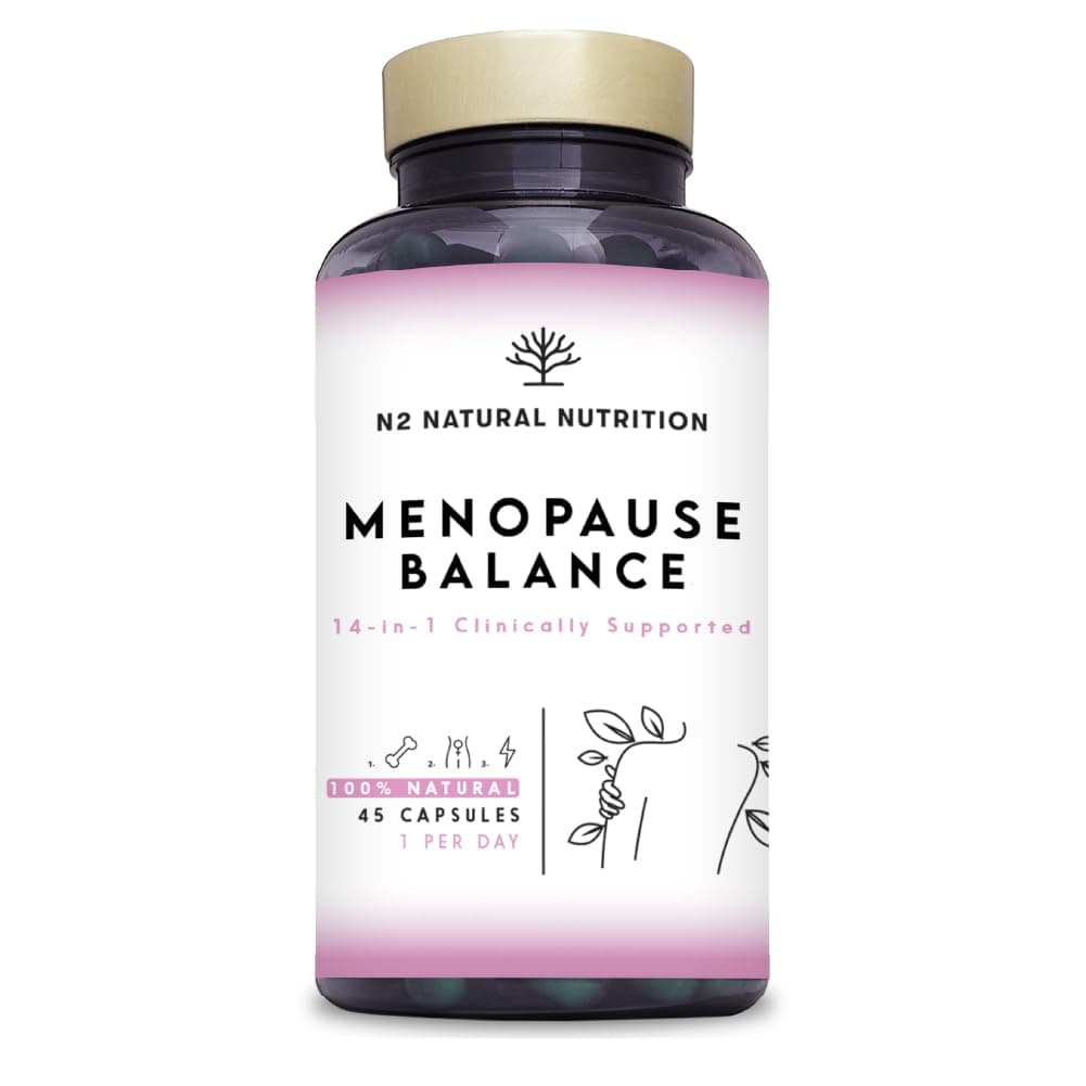Menopausia, Equilibrio Estrógenos Femeninos y Progesterona. Fórmula 14 en 1 con Respaldo Clínico. 45 Cápsulas con Omega 3, Biotina, Vitamina D3 y K2. N2 Natural Nutrition