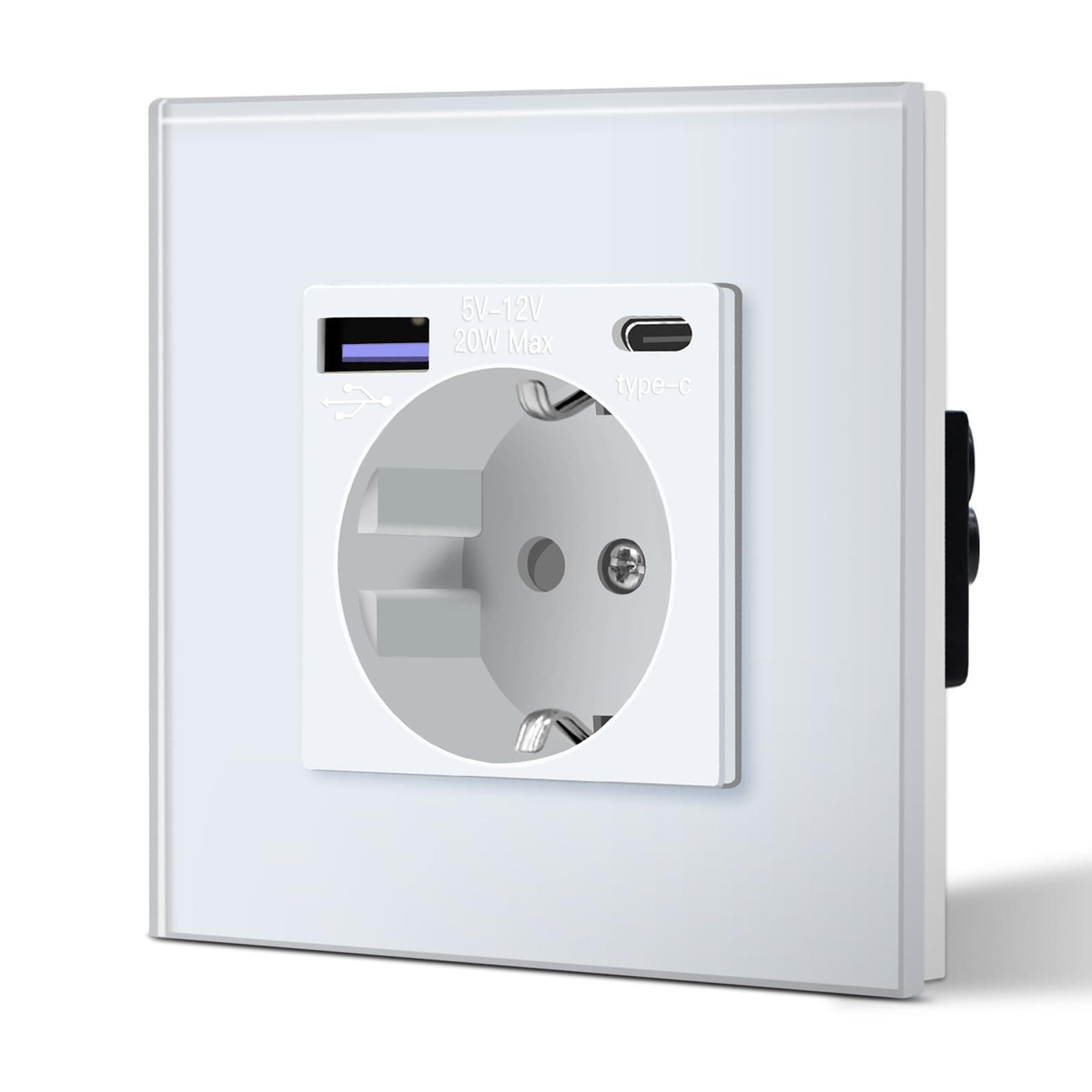 BSEED Enchufe Pared con 20W USB y Tipo C,Enchufe USB C de Cristal,Carga Rápida,3 en 1，Fácil Instalación,1 Enchufe,86mm Blanco