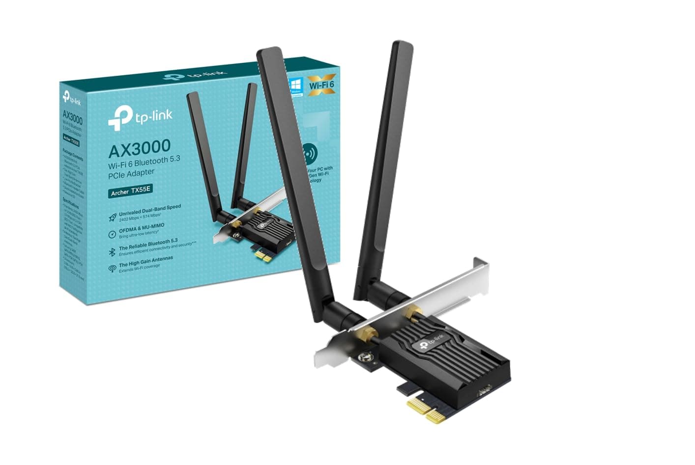 TP-Link Archer TX55E Tarjeta de Red PCLe AX3000, Wi-Fi 6 con Bluetooth 5.2, 2X Antenas Multidireccionales, Intel WiFi 6, Disipador de Calor, WPA3, Negro