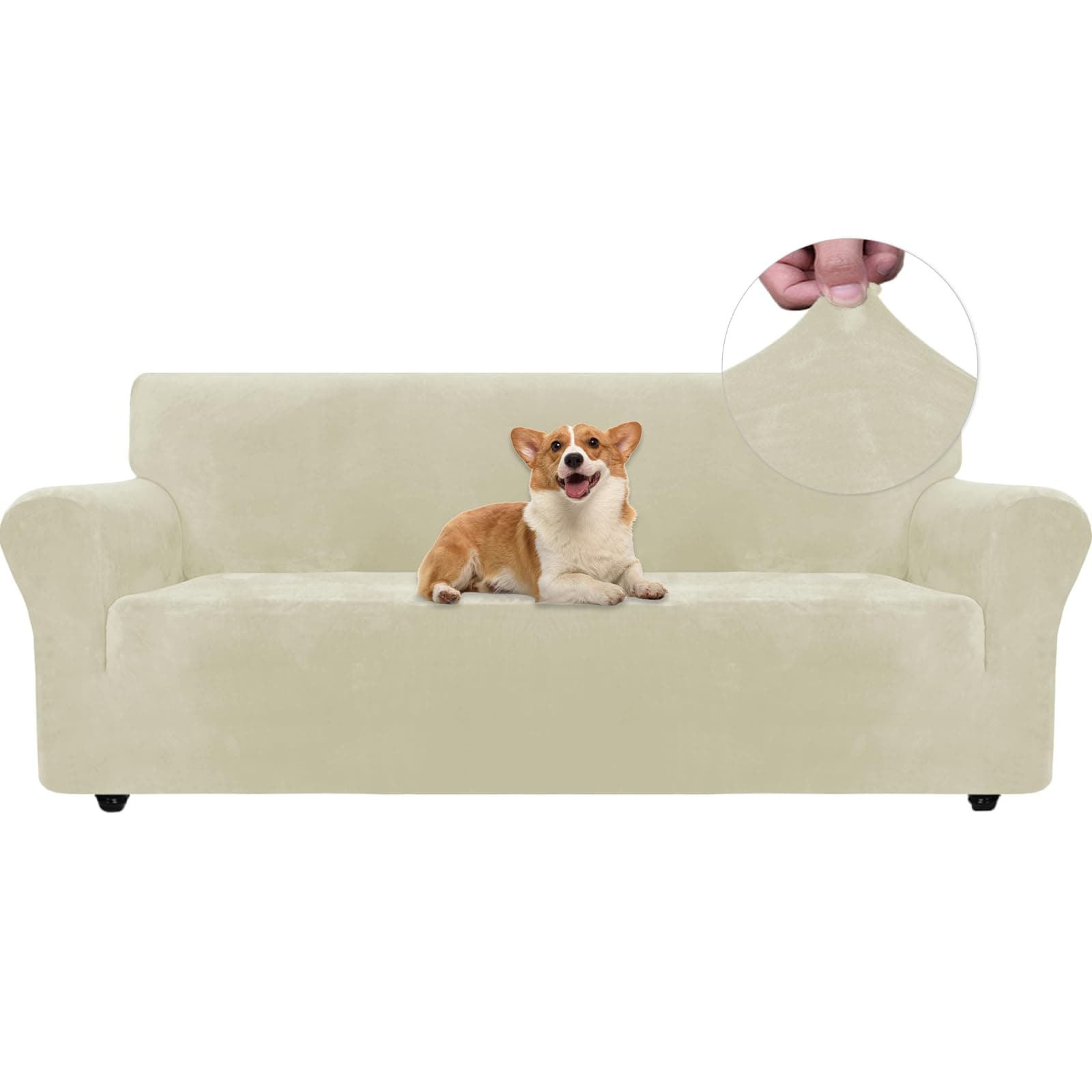 Ystyle Copridivano Velluto, Copripoltrona 3 Posti Con Braccioli, Sofa Cover Antigraffio Gatto, Copri Divano Elasticizzato, Universale Sofa Cover Antimacchia Lavabile Antiscivolo, Beige