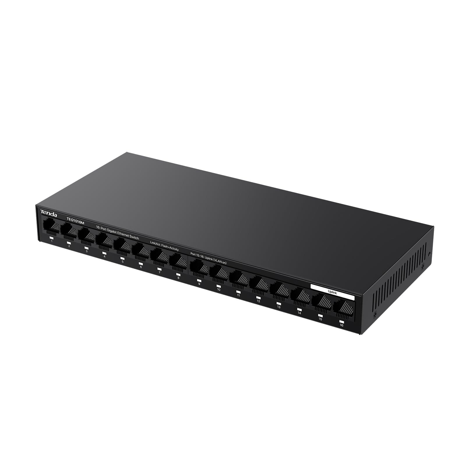 Tenda TEG1016M Switch Ethernet Gigabit, 16 Puerto 10/100/1000Mbps, Una Clave Vlan,Protección contra Rayos, Escritorio o de Montaje en Pared, Plug & Play, No Requiere Configuración, Silencio, Metal