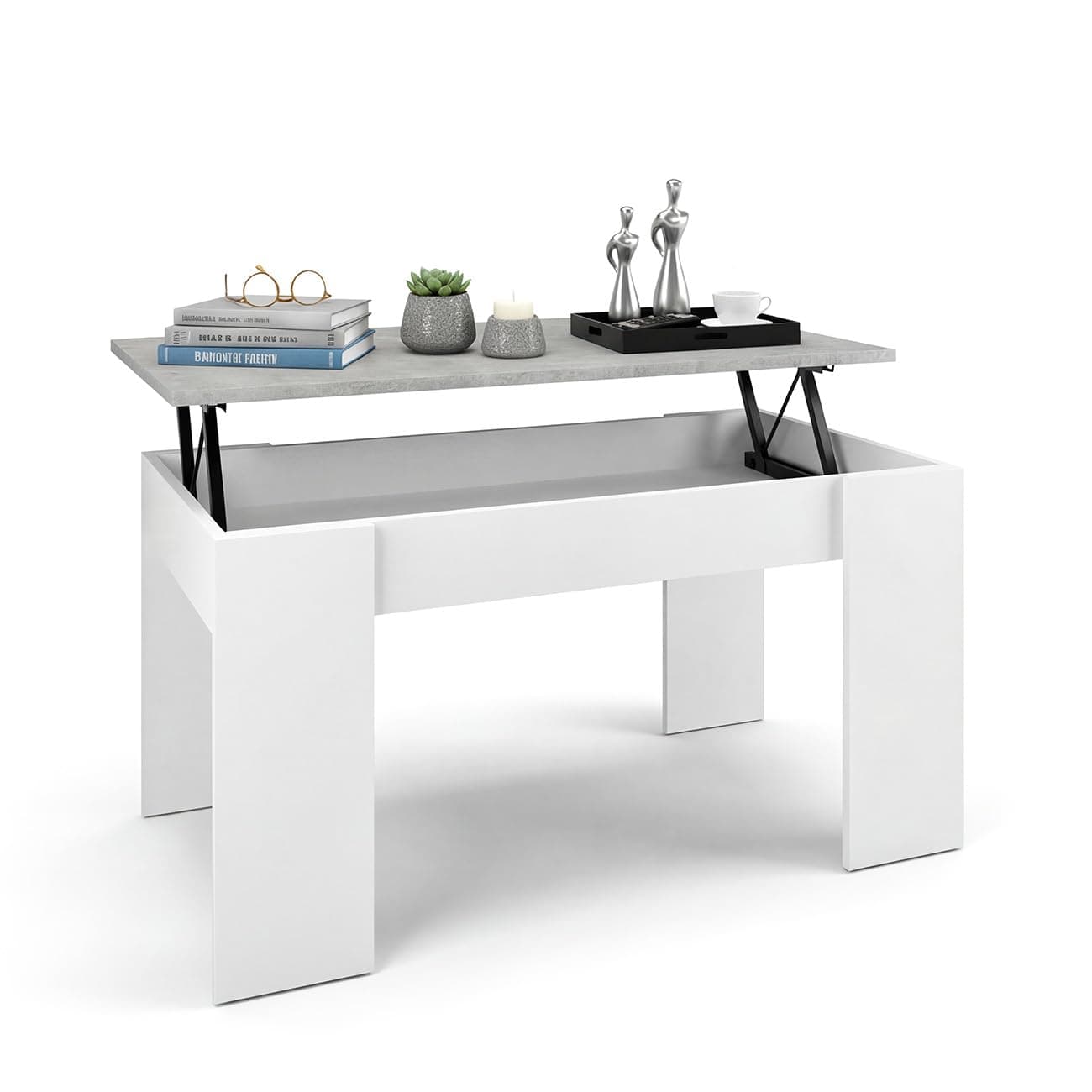 duehome | Mesa de Centro elevable, Mesita de Salón Comedor, Acabado en Blanco Artik y Cemento, Modelo Norak, Medidas: 90 cm (Largo) x 50 cm (Ancho) x 45-53,5 cm (Alto)
