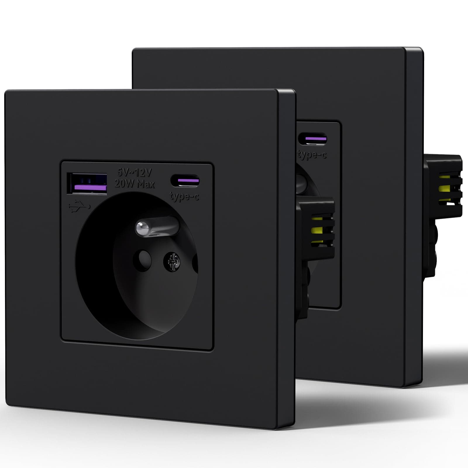 BSEED Prise Electrique avec USB et Type C, 20W Charge rapide, Prise Murale avec Panneau En Plastique, Alternatif Norme Française 16 Amp 240V 86mm Noir, 2 Paquests
