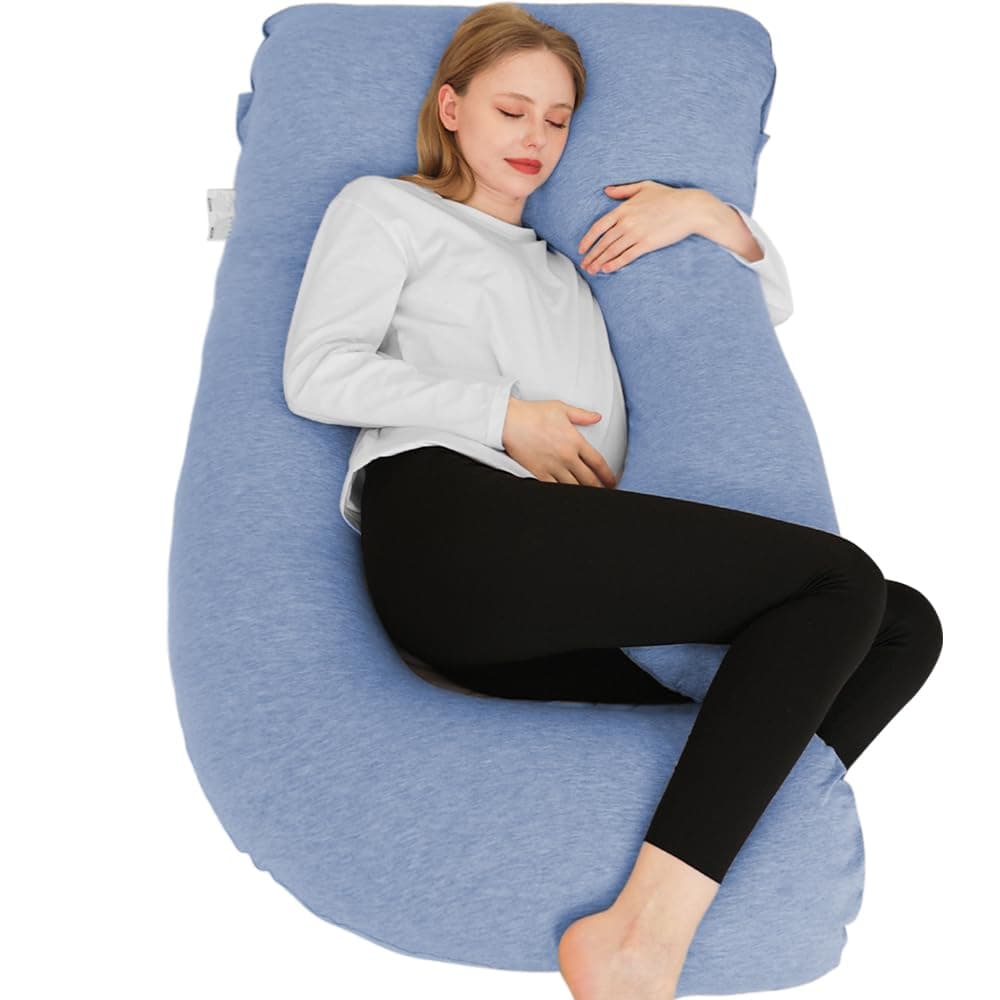 Chilling Home Cojín de embarazo refrescante, en forma de J, cojín para dormir de lado con funda de jersey, cojín de lactancia, cojín grande para mujeres y para dormir de lado (azul frío)