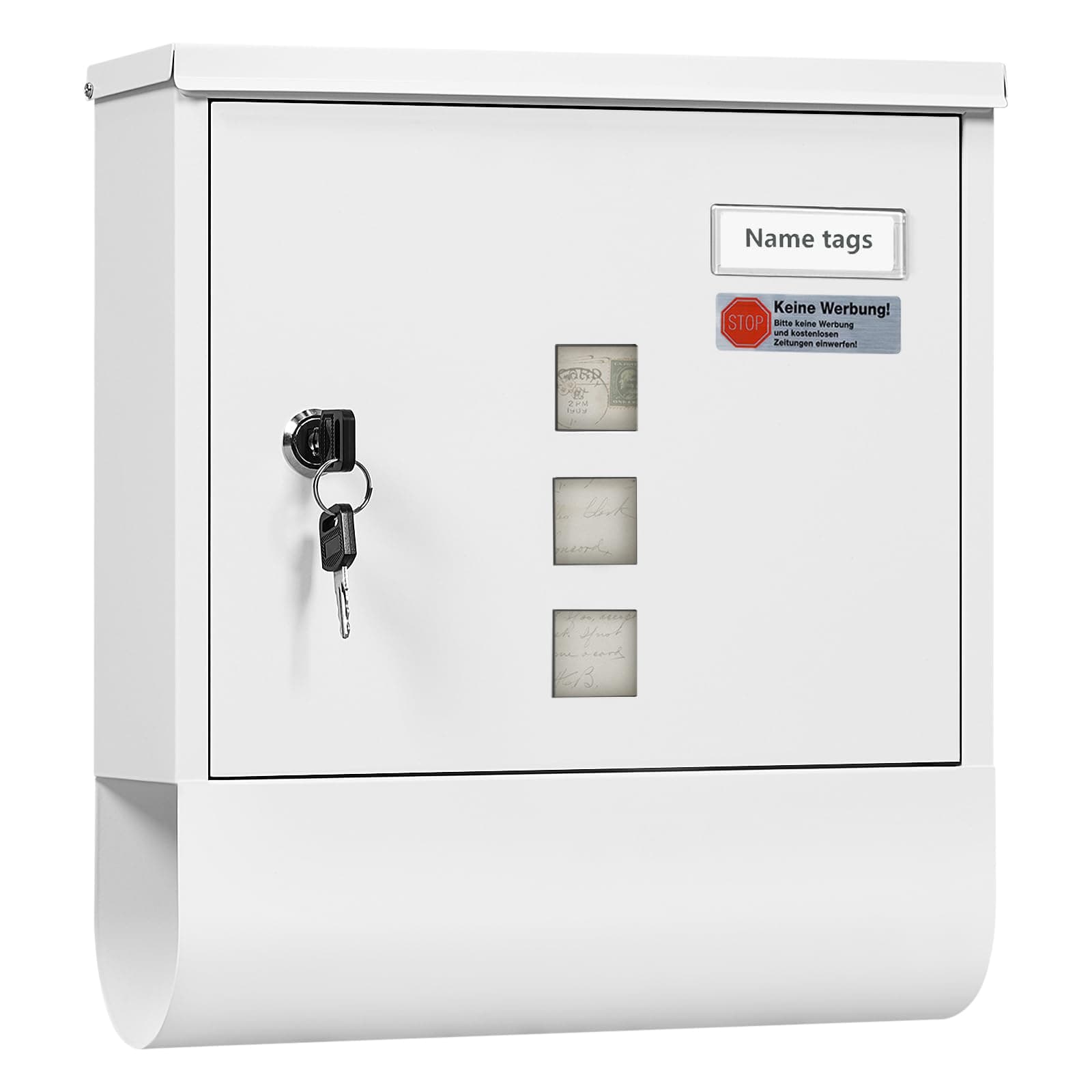 WOLTU Briefkasten Postkasten mit Zeitungsfach Sichtfenstern Namensschild, Wandbriefkasten abschließbar, mit 2 Schlüsseln, modern, Weiß, 30,5x33,5x9 cm