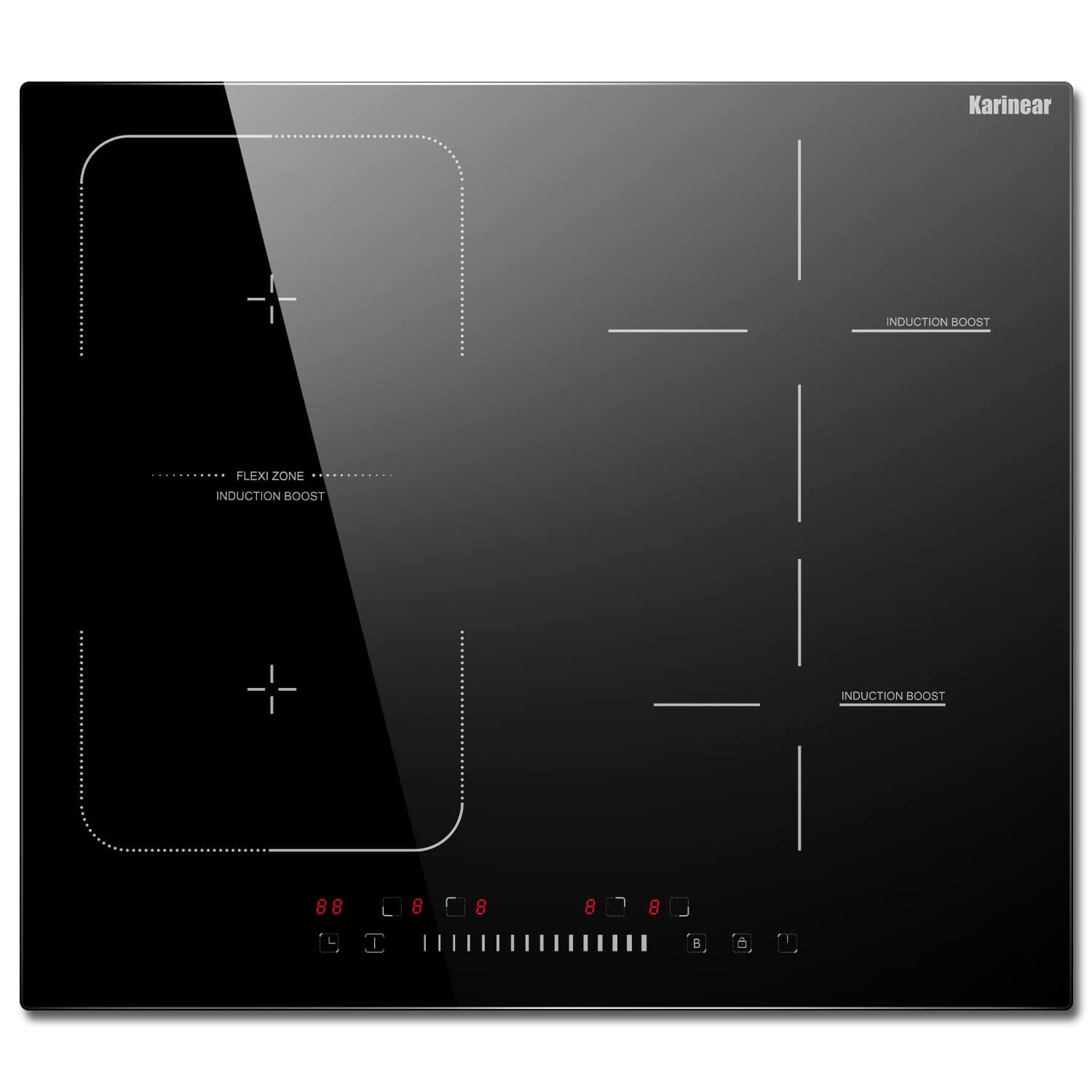 Karinear Placa Induccion 4 Fuegos, Función Boost, Induccion de Zona Flexible, Control Deslizante, 9 Niveles de Potencia, Temporizador, 60 CM, 220 V- 240 V, 7200 W, sin Enchufe