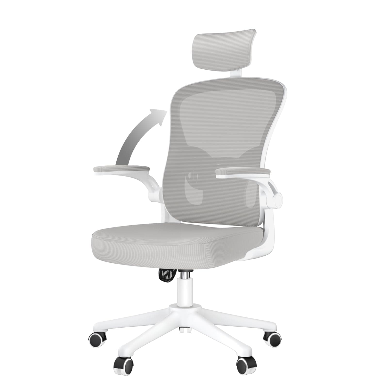 naspaluro Silla de Oficina Ergonómica, Silla de Escritorio con Soporte Lumbar, Reposacabezas Ajustable, Reposabrazos Abatibles, Silla Giratoria con Respaldo Transpirable, Gris