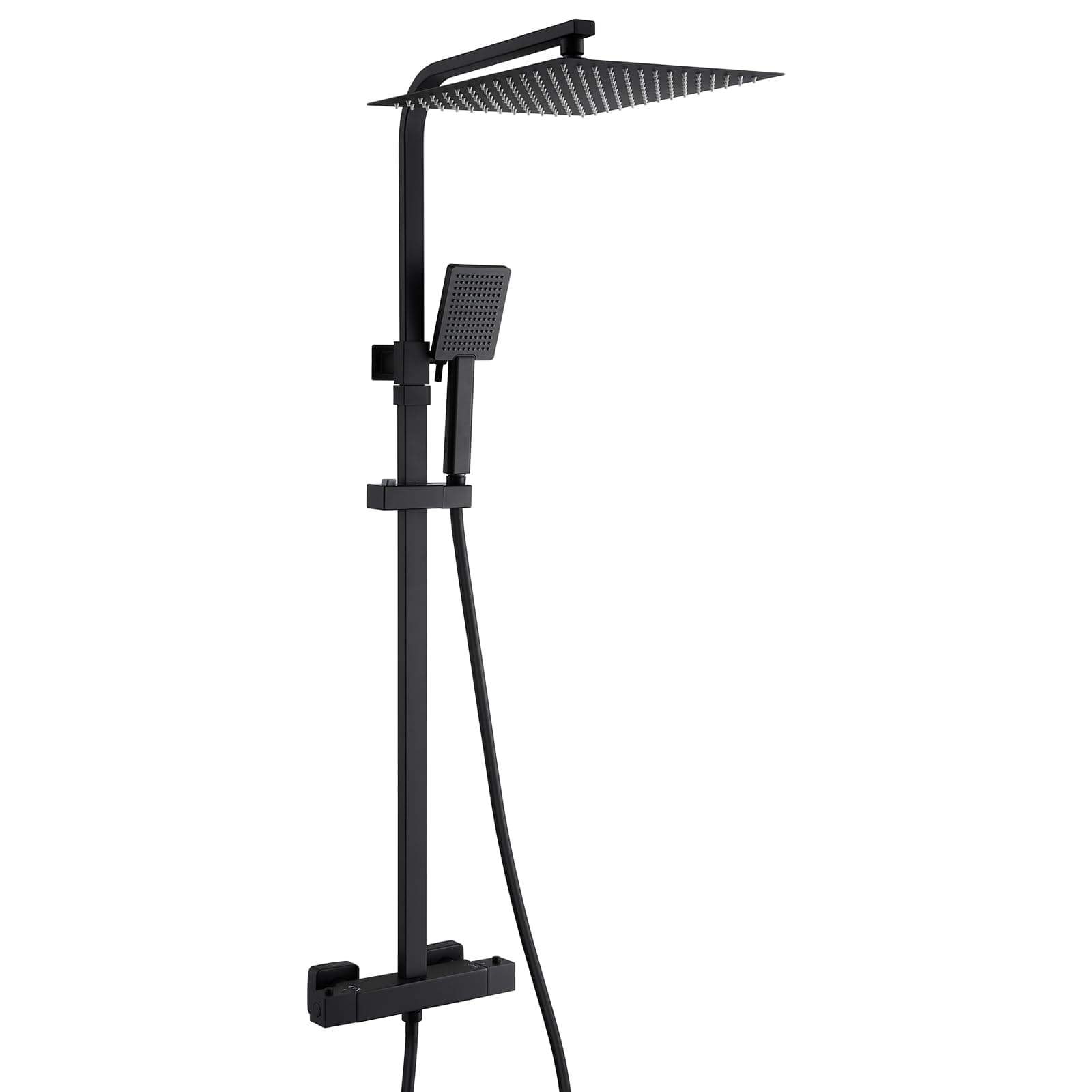 Auralum Columna Ducha Negra con Rociador Ducha 30x30cm Cuadrado Acero Inoxidable 304 y Grifo Ducha Termostatico de Latón, Columna Altura Adjustable entre 80-124cm, Compatible con Orificios Existentes