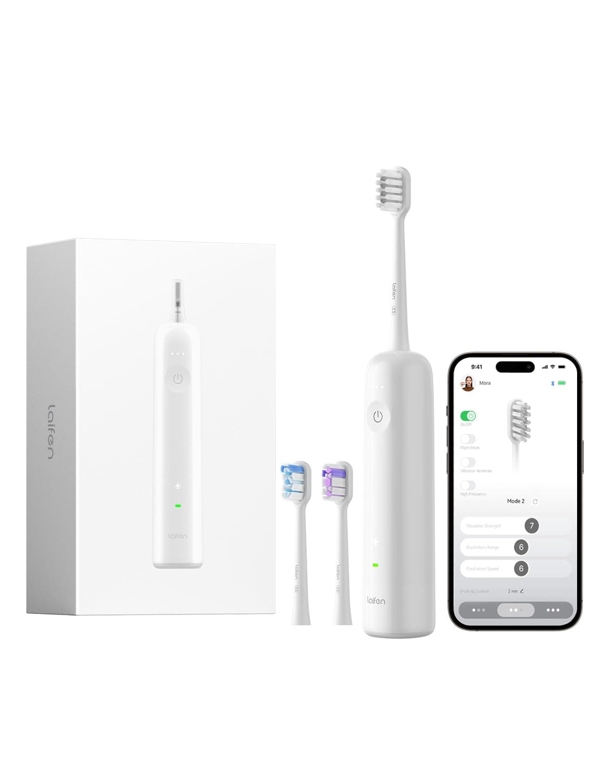 Laifen Wave Cepillo de Dientes Eléctrico Sónico Primera 60° Oscilación Vibración 45 Días de Autonomía con 3 Cabezales Carga Magnética Aceptado por ADA Personalización APP Antimoho Viaje (Blanco)