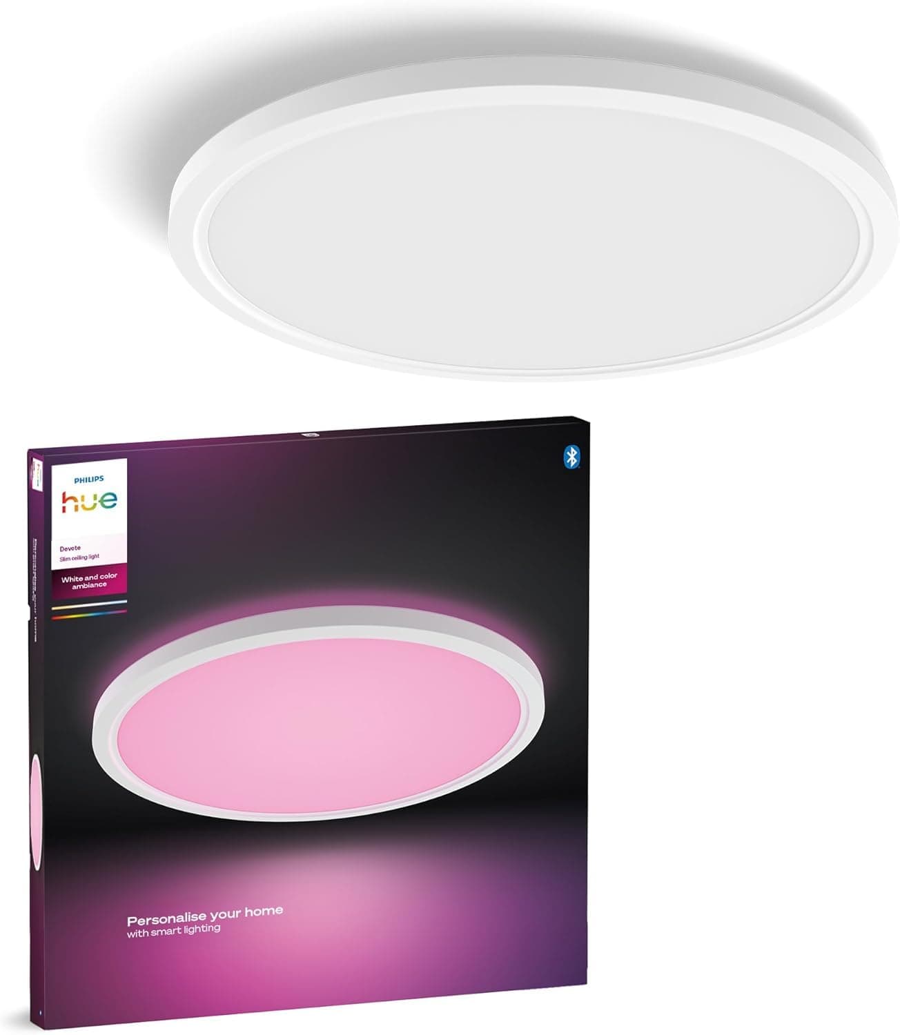 Philips Hue Devote Panneau LED Connecté, White and Color Ambiance, Rond 30 cm, 16,6W, 2000 Lumens, Cadre Blanc pour Éclairage Intérieur, Plafond, Salon, Cuisine, Couloir, Pack de 2