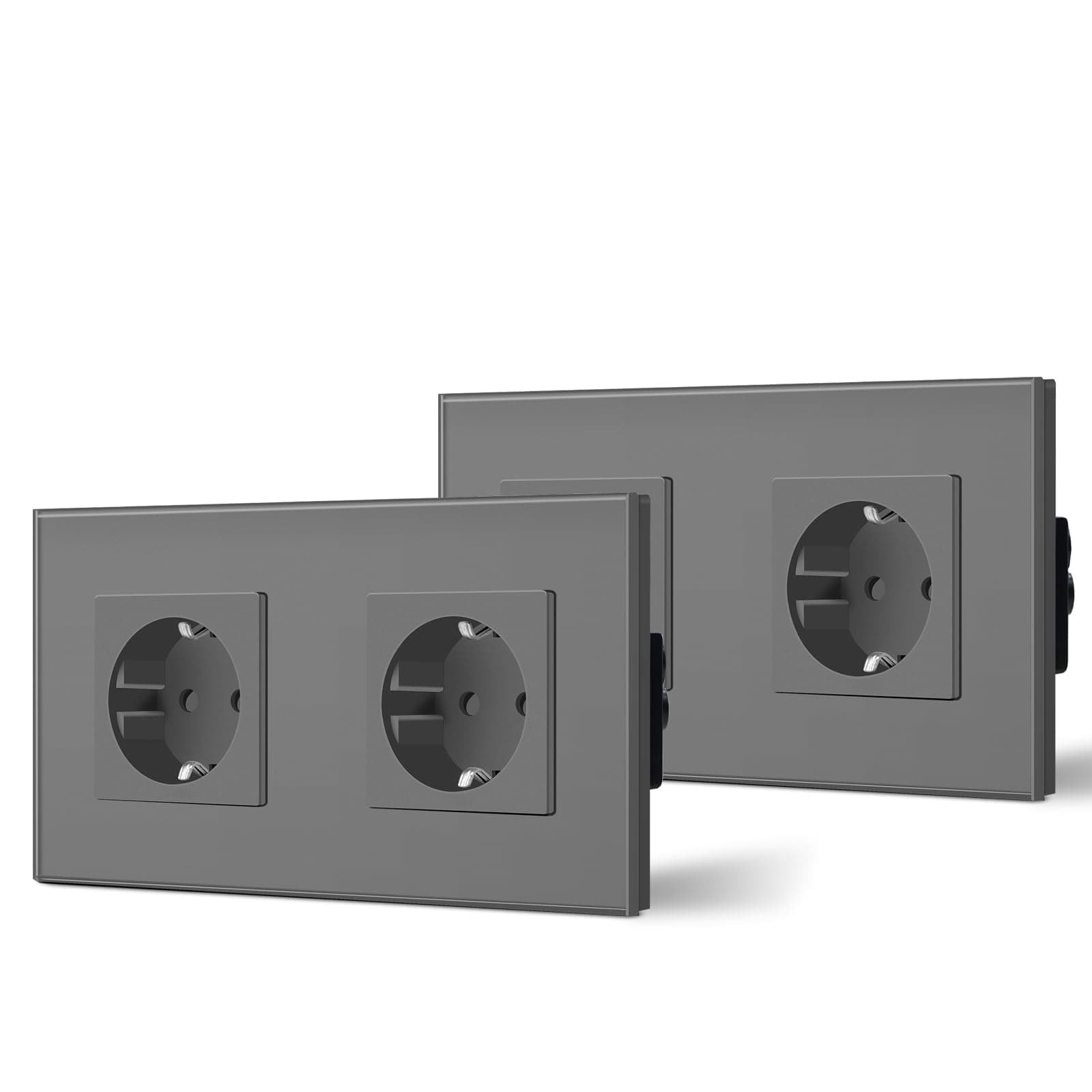 BSEED Enchufe de Pared con Cristal,Enchufes Dobles Empotrados,Toma de Corriente,Seguridad infantil,Fácil de Instalar,M Serie,2 Enchufes - 2 Paquetes,157mm Gris