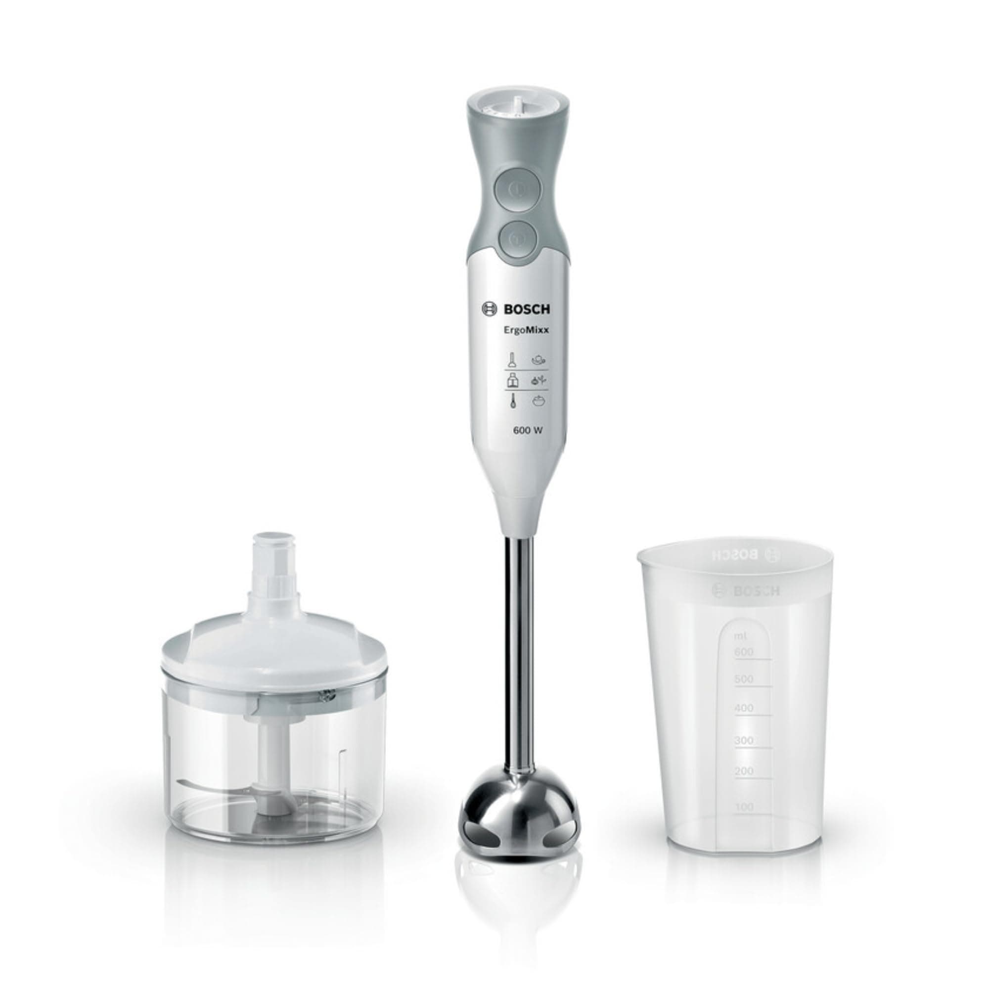 Bosch - Batidora de mano, ErgoMixx, 600 W, QuattroBlade, Picadora, Blanco, MSM66120