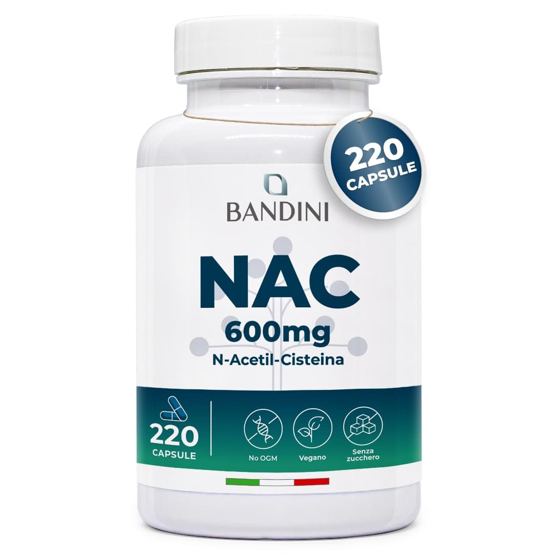 Bandini® NAC N-Acetil-Cisteina 220 Capsule 600mg (+7 Mesi),Precursore del Glutatione, Acetilcisteina 600mg, 1 Capsula al Giorno, Alto Dosaggio di N-Acetilcisteina Aumentata, Integratore 100% Vegano
