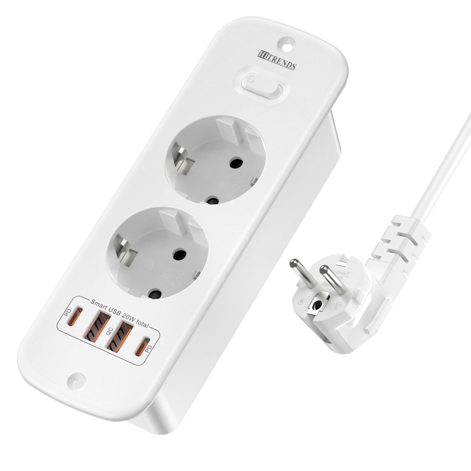 Toma de Empotrar Corriente con 2 USB y 2 Type-C, 2 Tomas Enchufes Multiple Empotrada de Sobremesa con Interruptor, Regleta de Enchufes Empotrada con Cable de 2M para Muebles de Encimera, Blanco