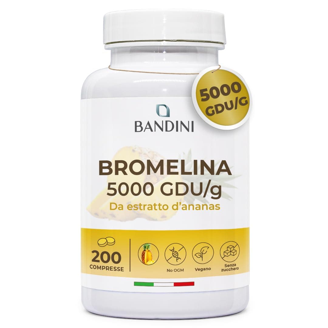 Bandini® Bromelina Forte 5000 GDU/g Gastroprotetta 200 Compresse, Enzima Digestivo, Estratto di Ananas, Bromelina Strong, Pura, Alto Dosaggio, Maggior Assorbimento, 100% Vegano