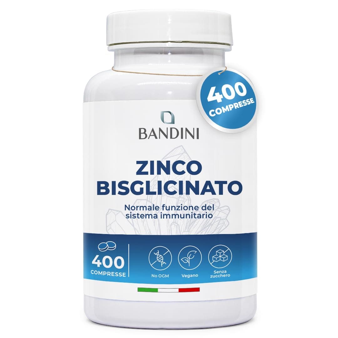 Bandini® Zinco Bisglicinato 400 Compresse (Scorta 13 Mesi), Integratore Vegano ad Alto Dosaggio, Zinco Puro per Pelle, Capelli, Unghie, Vista e Sistema Immunitario, Alto Assorbimento, Senza OGM