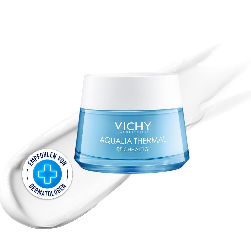 VICHY Reichhaltige Gesichtscreme für trockene bis sehr trockene Haut, Aufpolsternd und beruhigend, 48 Stunden Feuchtigkeit, Mit Hyaluron und pflanzlichem Zucker, Aqualia Thermal, 50 ml