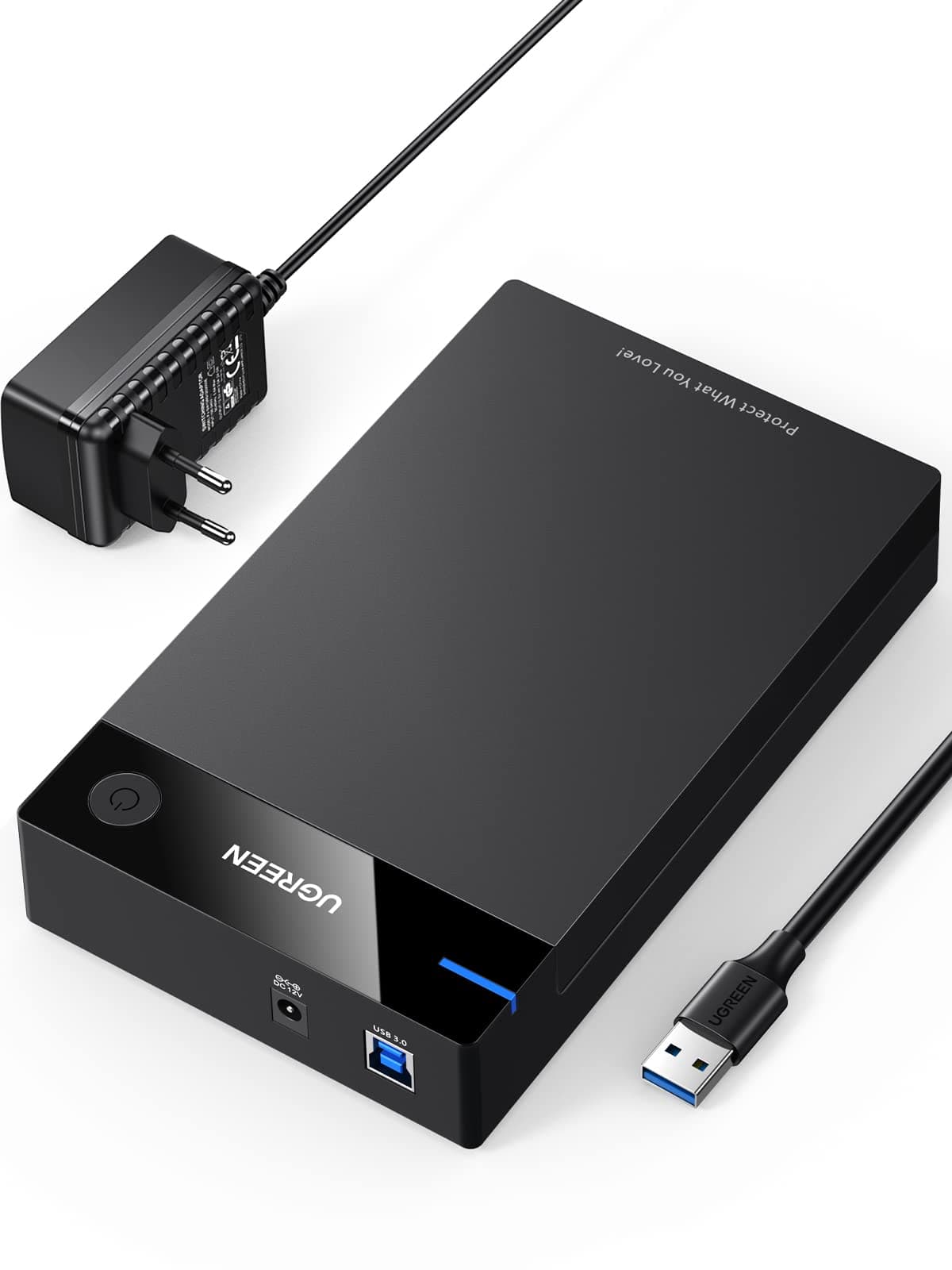 UGREEN Carcasa Disco Duro SATA SSD 3.5" 20TB, Caja SSD USB 3.0 con UASP Comaptible con PC, Xbox X/S, PS4, con Cable y Adaptador de Corriente 12V 2A