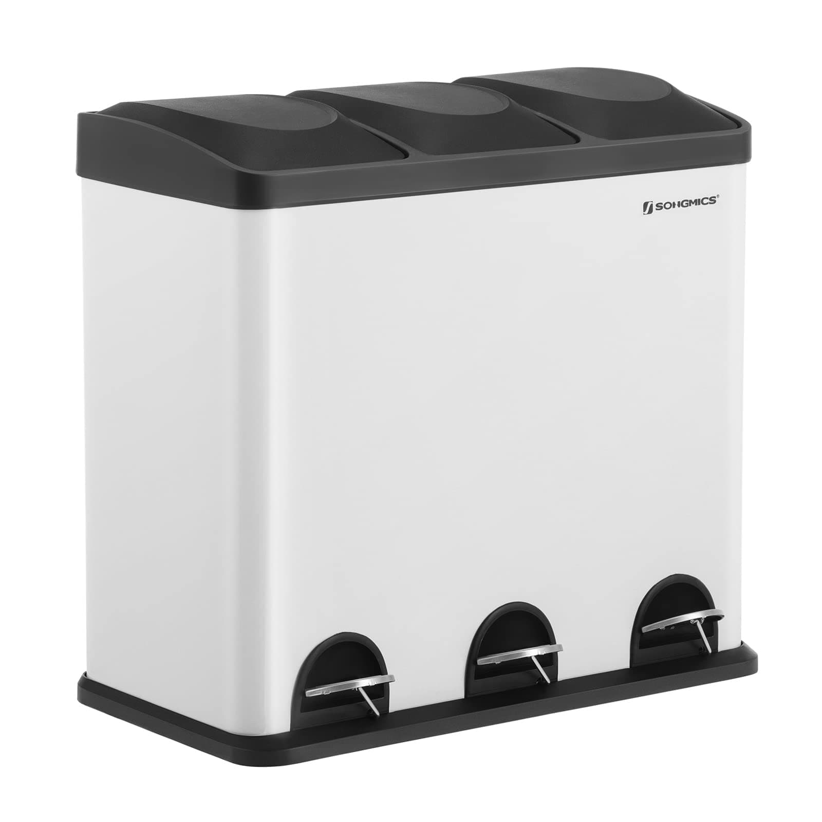 SONGMICS Pattumiera di 54L, Cestino di Spazzatura, a 3 Sezioni, con Pedale, Secchio Interni, 6 Etichetti per Smailtimento Facile, Bianco e Nero LTB54W
