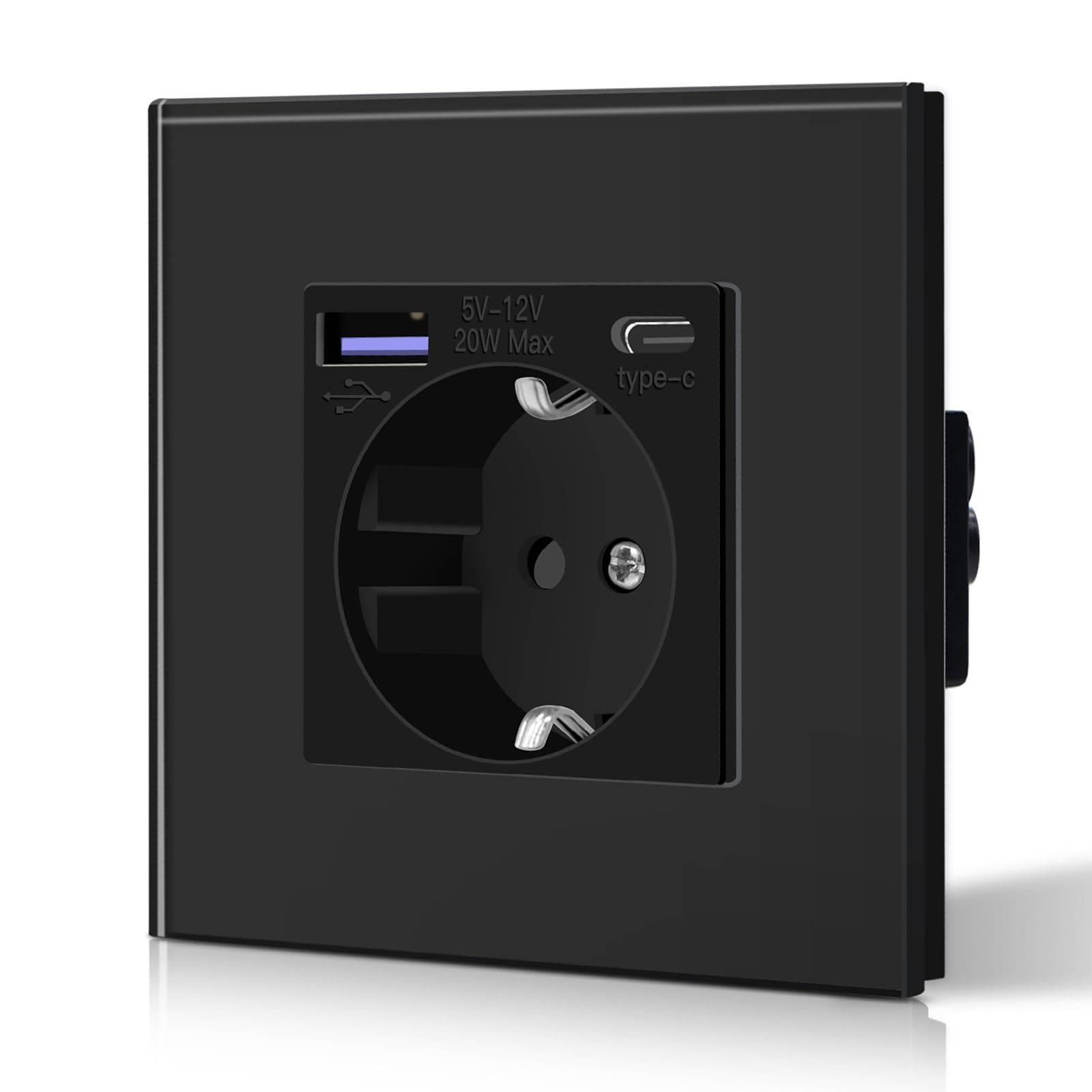 BSEED Steckdose aus Glas mit 20W USB C, Schnellladegerät Wandsteckdose, 3 in 1 Unterputz Steckdosen, Einfache Installation, 240V 16A, 86mm 1 Fach Schwarz
