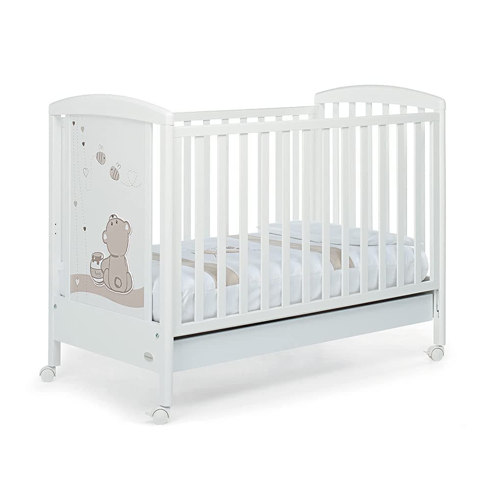 Foppapedretti Lettino con Sponda Regolabile Golosone, Legno di Faggio, Made in Italy, Rete a Doghe di Faggio, Ampio Cassetto, Regolabile a Doppia Altezza, 4 ruote, 131x71x103 cm, Bianco