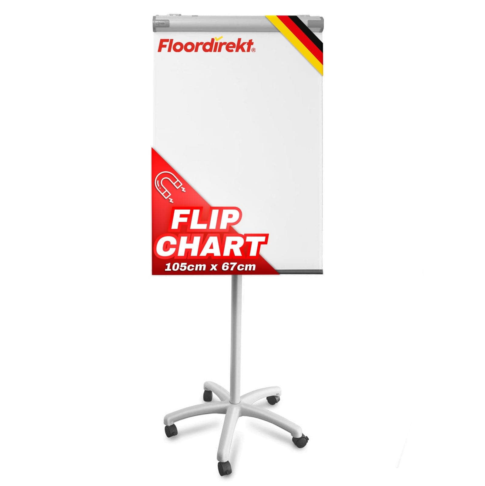 Floordirekt Flipchart mit Rollenfuß, Blockhalter & Seitenarmen - magnetisch & beschreibbar - freistehend & höhenverstellbar - Whiteboard Tafel Magnettafel - Board mit Ablageschale (Pira)