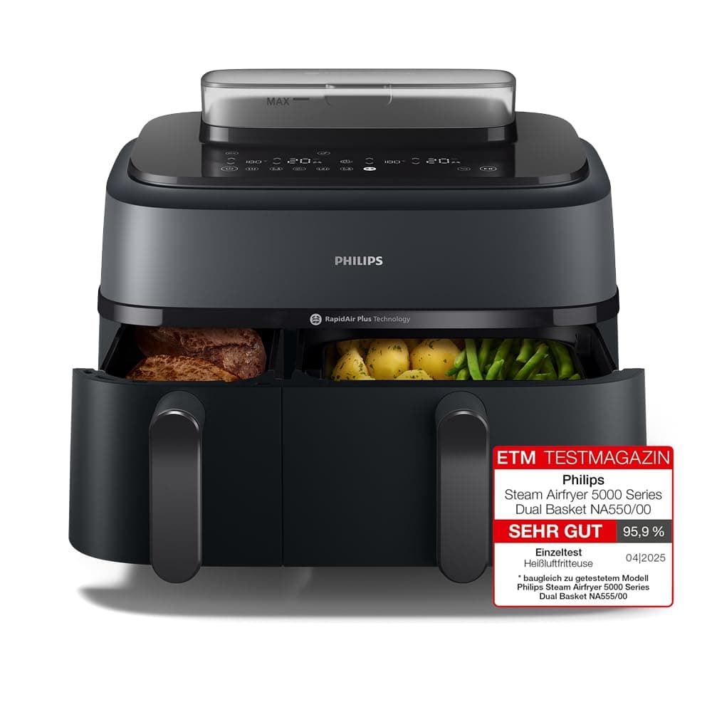 Philips Airfryer 5000 Series Dual Basket Heißluftfritteuse mit Dampfgar-Funktion & 2 Körben – Airfry, SteamFry, 9L (3L+6L), RapidAir Plus, automatische Dampfreinigung (NA550/00)
