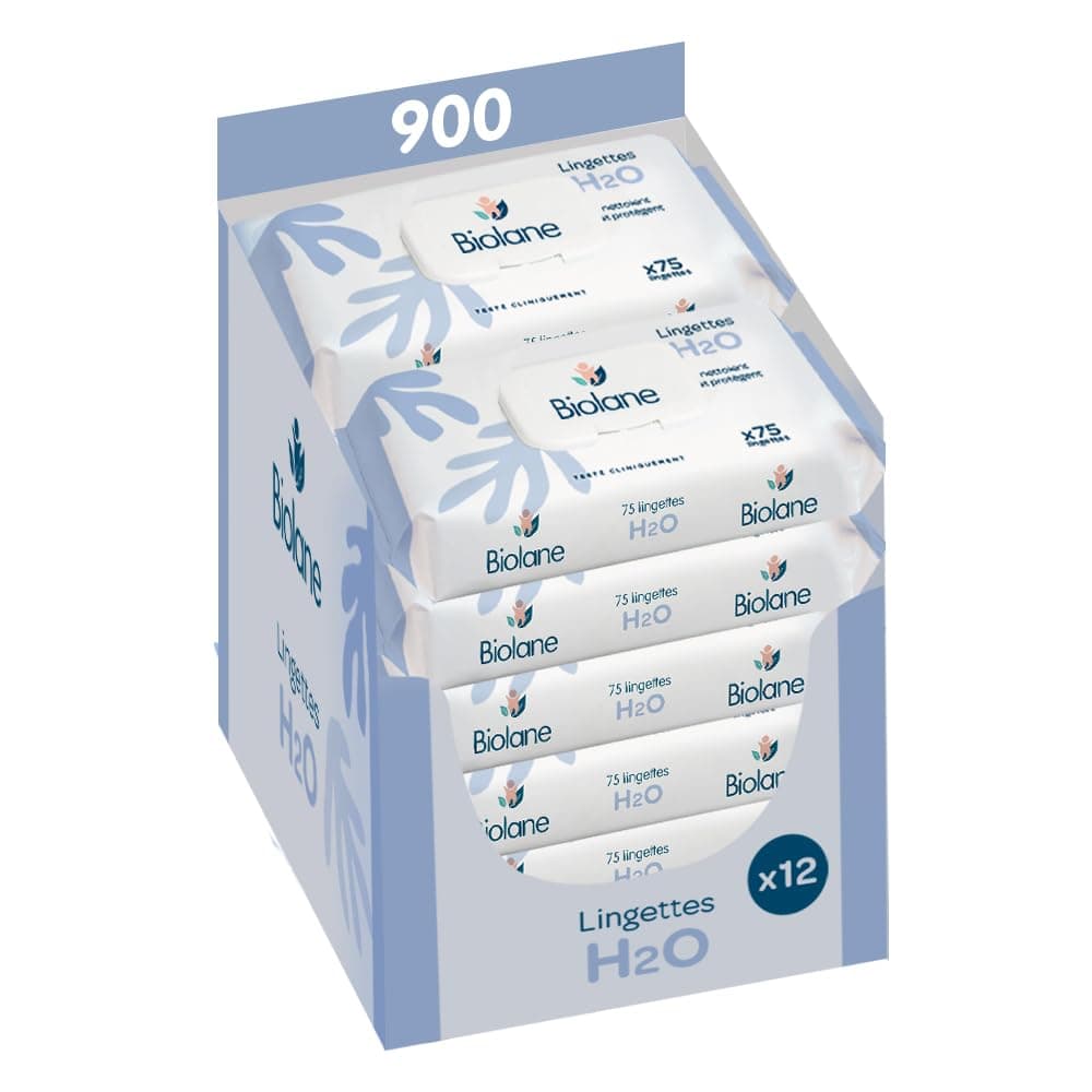 BIOLANE - Lingettes bébé à l'eau - 900 Lingettes - Lot de 12x75 - Nettoyage doux et efficace - Sans Rinçage - Dès la naissance