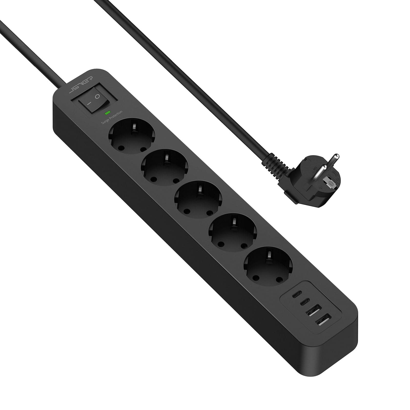 JSVER Multiprise Parasurtenseurs 5 Prises avec 2 Ports USB C+2 USB A Chargeur (5V3,4A) Multiprises Parafoudre et surtension avec Cable 2m pour Smartphone, Maison, Bureau-Noir