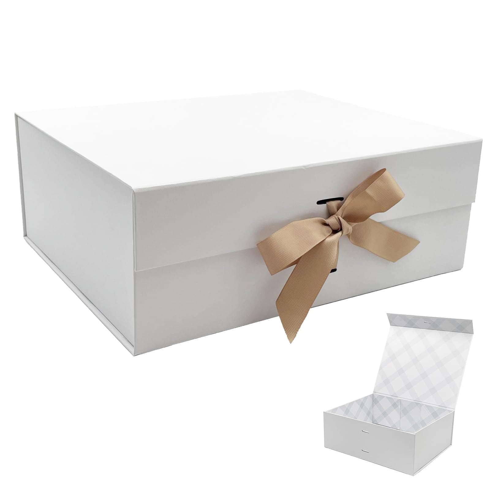 Tekhoho Scatola Regalo Bianco Grande 33.5x27x12.5cm, Scatola Regalo Premium con Coperchio Magnetico e Nastro per Confezioni Regalo di Matrimonio e Compleanno, Fodera Plaid