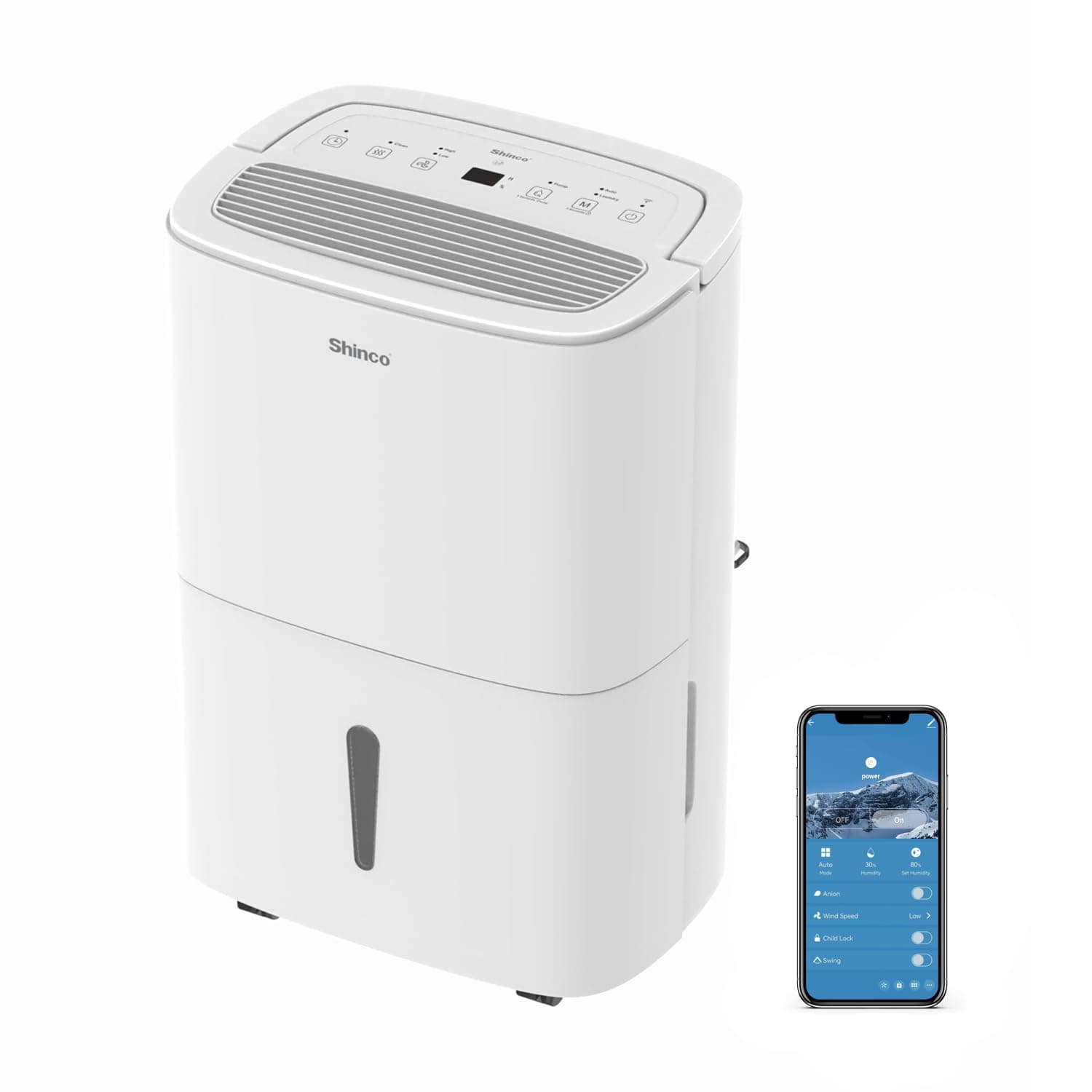 SHINCO WIFI Deshumidificador Portátil 50L/Día con Bomba Elevadora, Purificador de Aire, Filtro de Carbón Activado, Temporizador de 24 Horas, Drenaje Continuo, Función de Secadora, Blanco