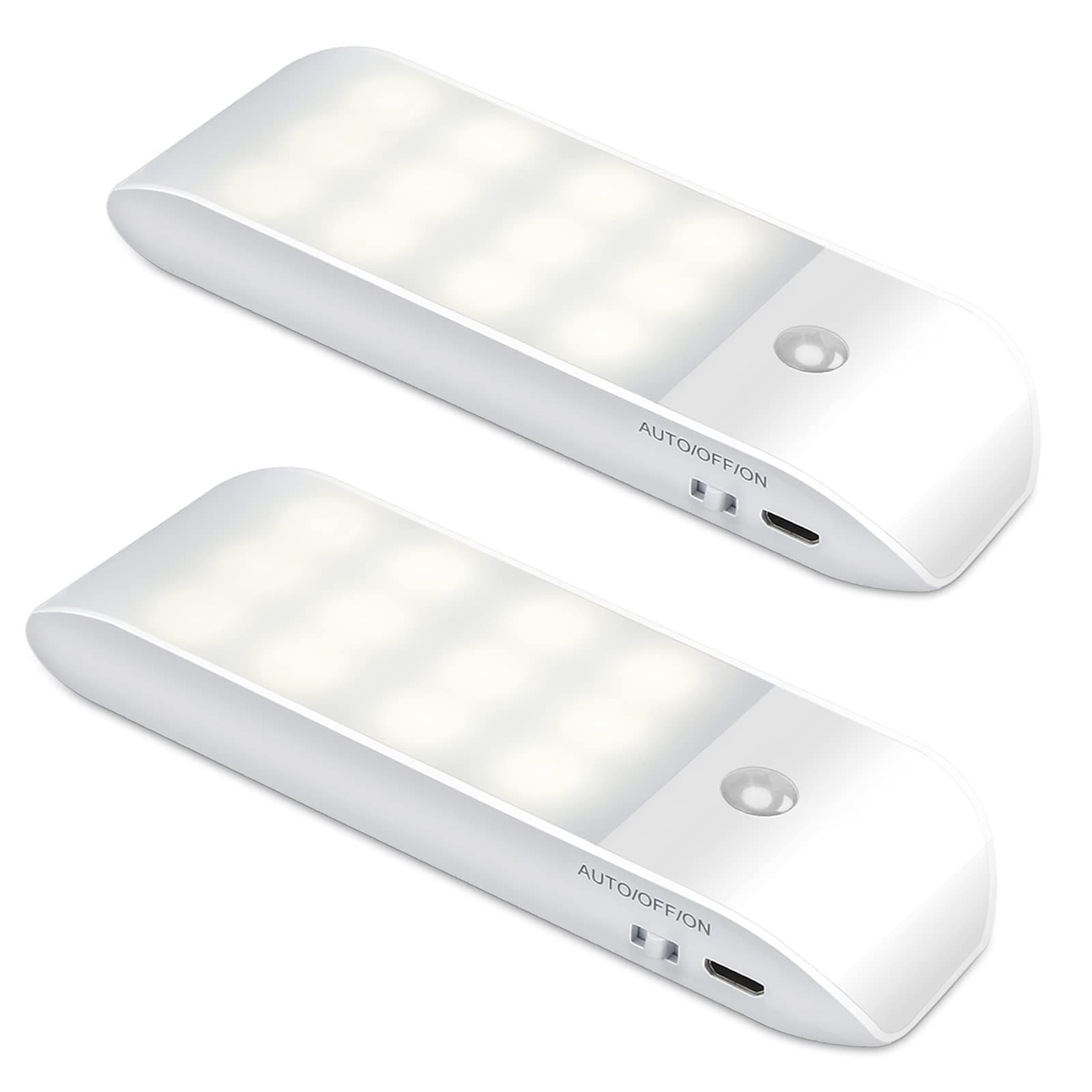 Suright Luce Armadio LED con Sensore di Movimento, 2 Pezzi Luce Notturna Ricaricabile 3 Modalità AUTO/ON/OFF, 4000K Bianca Calda Lampada Guardaroba per Cucina, Scale, Corridoio, Soggiorno, Garage