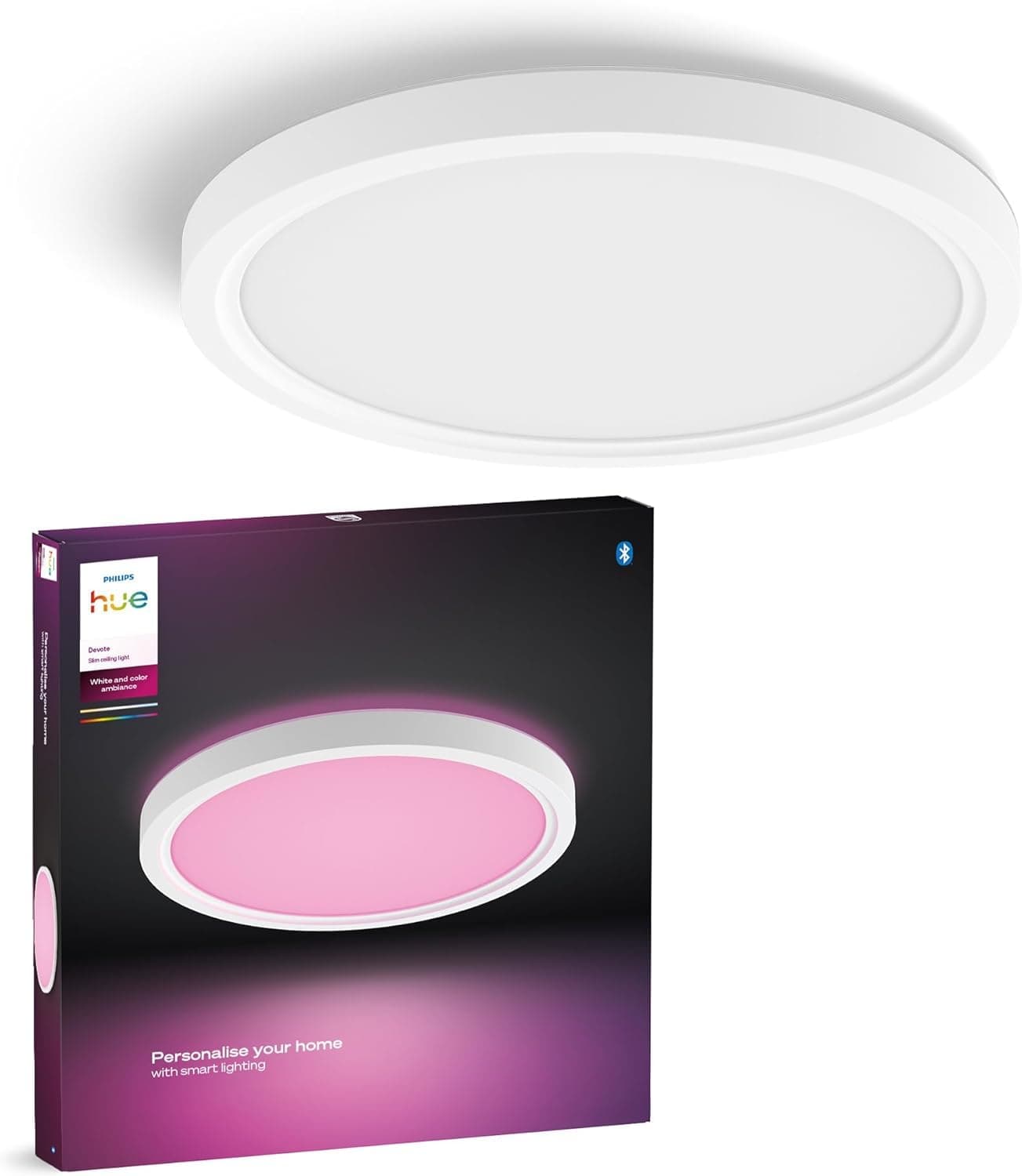 Philips Hue Devote Smart LED Panel Light, Ambiente blanco y de color, redondo 30 cm, 16,6 W, 2000 lúmenes, marco blanco para iluminación interior del hogar, techo, salón, cocina, pasillo